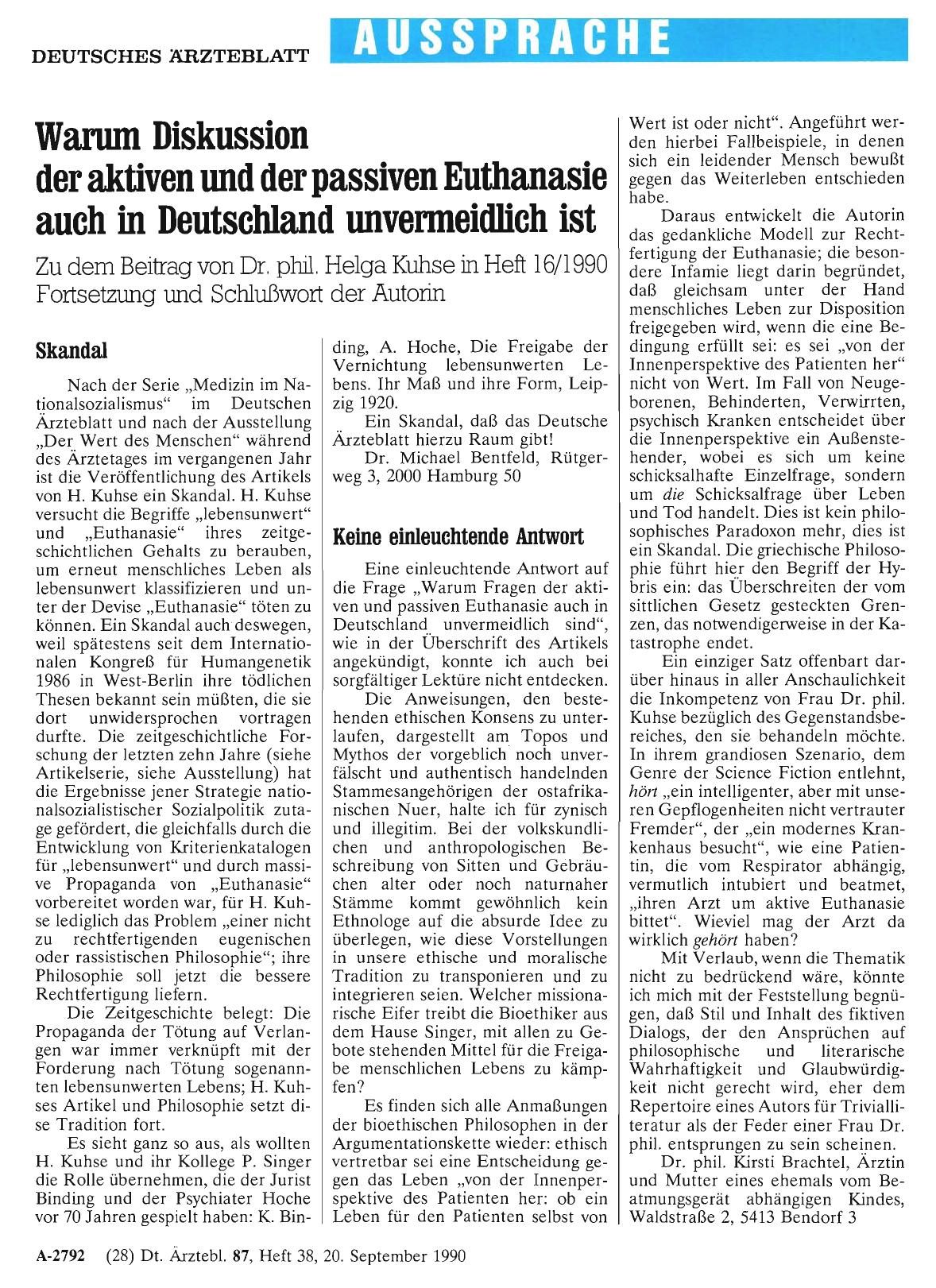 Vorschauseite 1: Warum Diskussion der aktiven und der passiven Euthanasie auch in Deutschland unvermeidlich ist: Keine einleuchtende Antwort