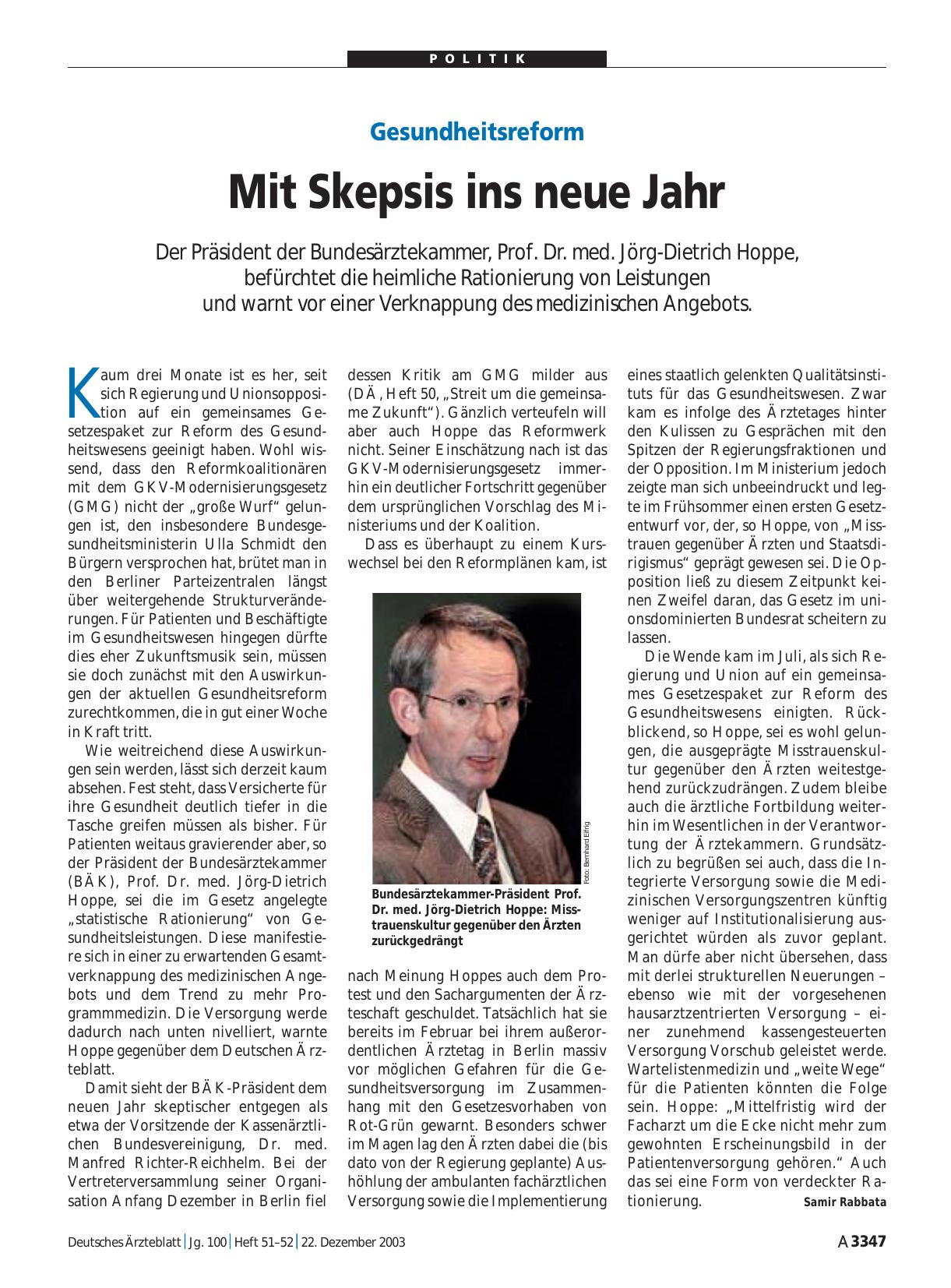 Vorschauseite 1: Gesundheitsreform: Mit Skepsis ins neue Jahr