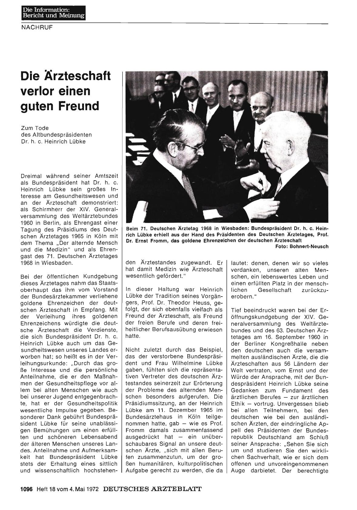 Vorschauseite 1: Die Ärzteschaft verlor einen guten Freund