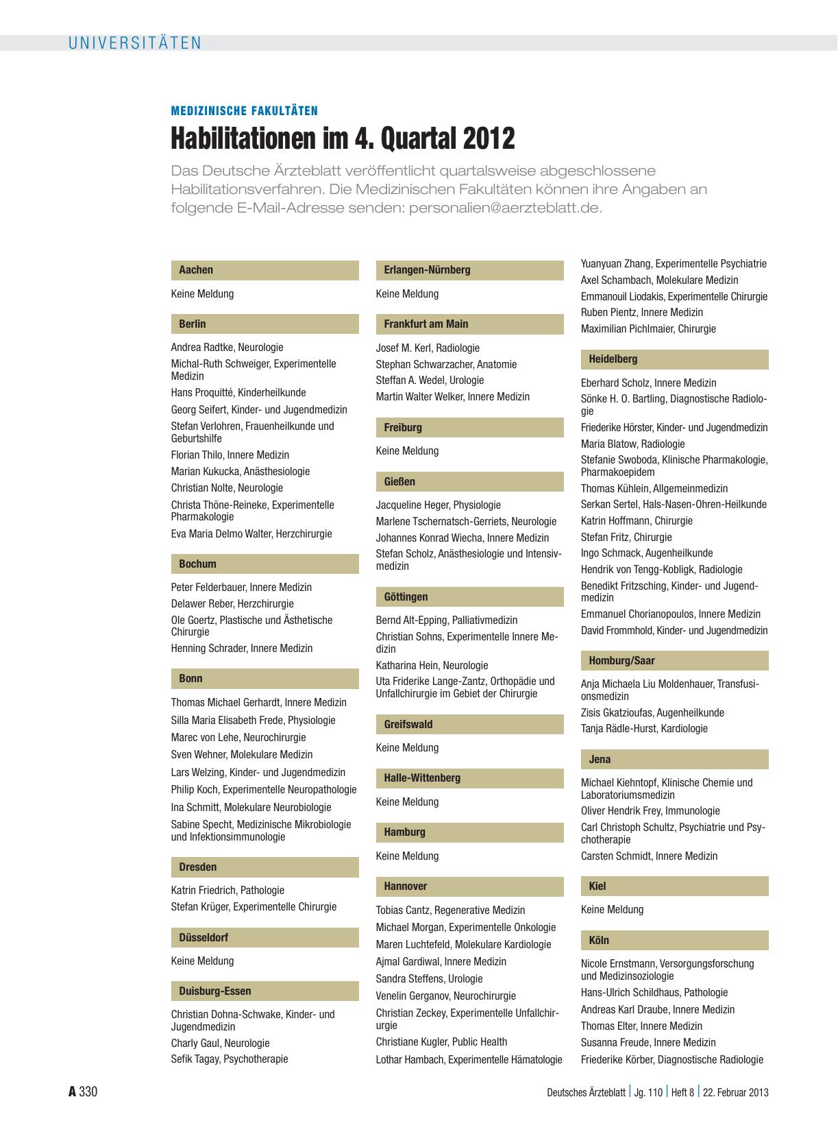 Vorschauseite 1: Medizinische Fakultäten: Habilitationen im 4. Quartal 2012