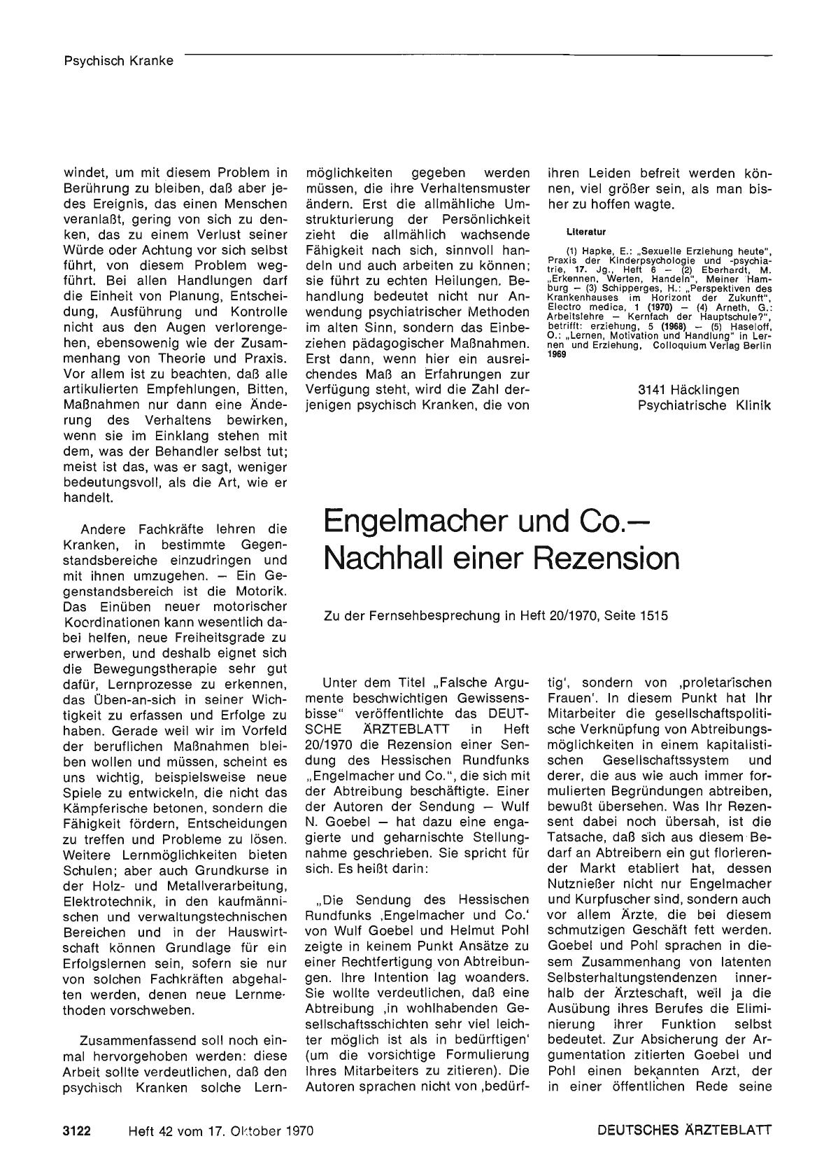 Vorschauseite 1: Engelmacher und Co. — Nachhall einer Rezension