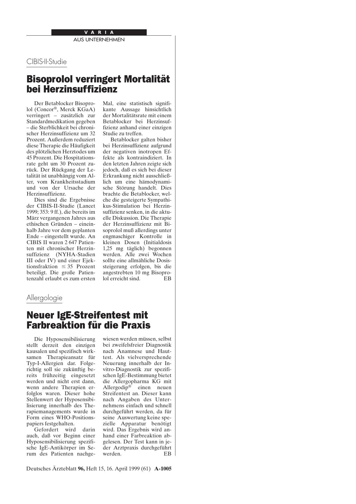 Vorschauseite 1: CIBIS-II-Studie: Bisoprolol verringert Mortalität bei Herzinsuffizienz