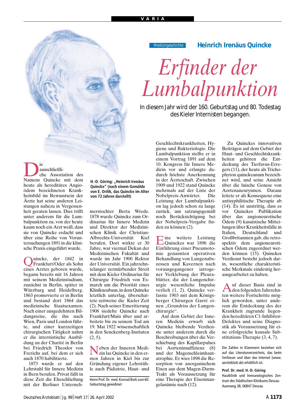 Vorschauseite 1: Heinrich Irenäus Quincke: Erfinder der Lumbalpunktion