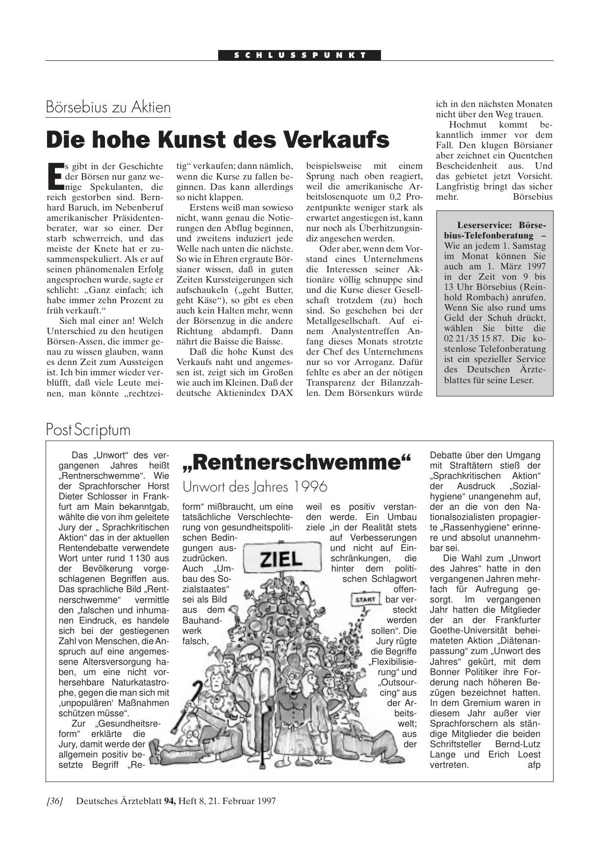 Vorschauseite 1: „Rentnerschwemme„: Unwort des Jahres 1996
