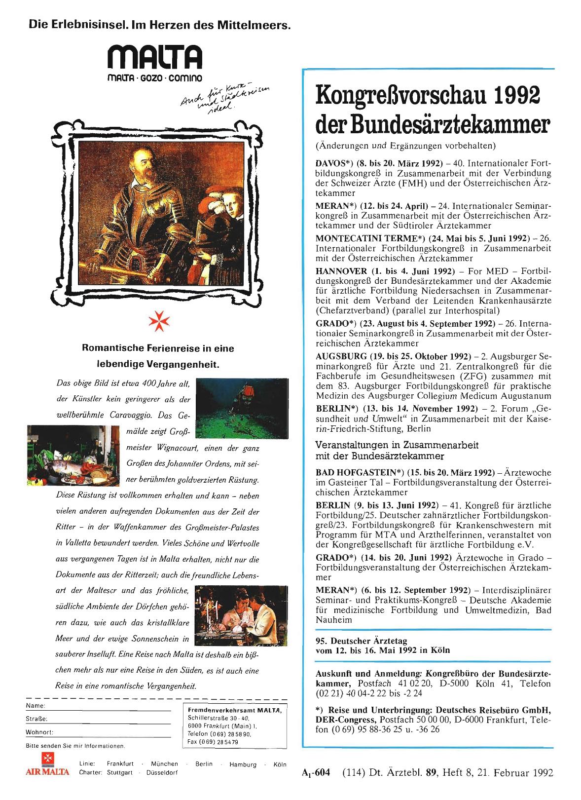 Vorschauseite 1: Kongreßvorschau 1992 der Bundesärztekammer