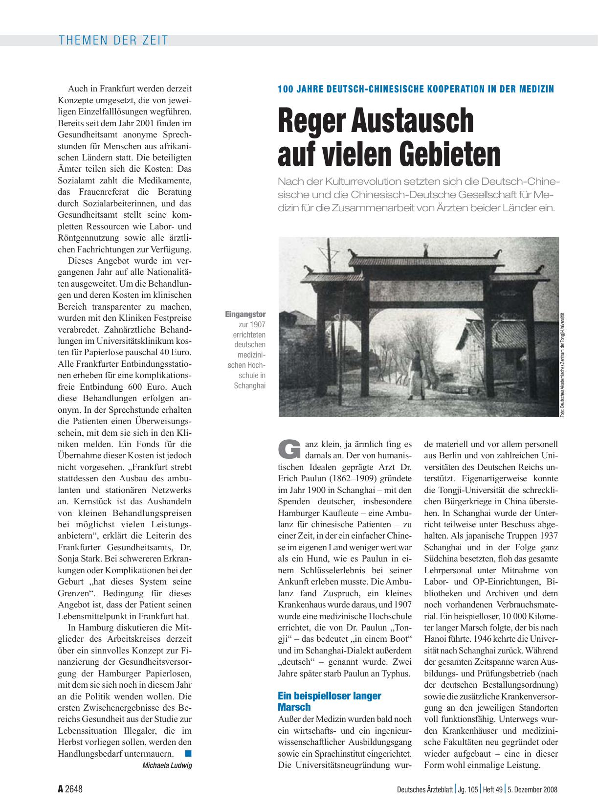 Vorschauseite 1: 100 Jahre Deutsch-Chinesische Kooperation in der Medizin: Reger Austausch auf vielen Gebieten