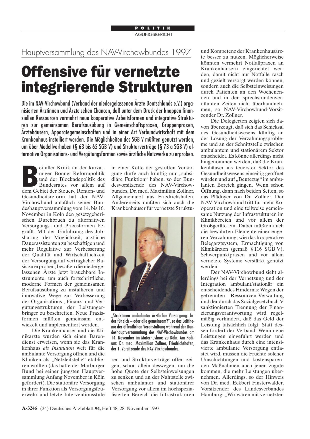 Vorschauseite 1: Hauptversammlung des NAV-Virchowbundes 1997: Offensive für vernetzte integrierende Strukturen