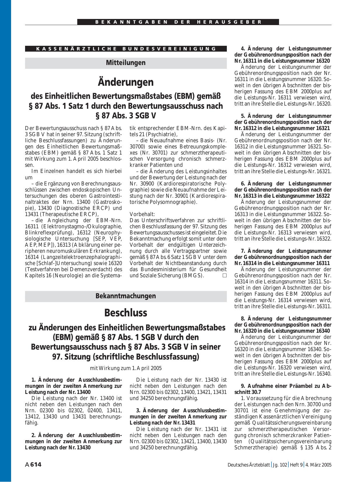 Vorschauseite 1: Bekanntmachungen: Beschluss zu Änderungen des Einheitlichen Bewertungsmaßstabes (EBM) gemäß § 87 Abs. 1 SGB V durch den Bewertungsausschuss nach § 87 Abs. 3 SGB V in seiner 97. Si…