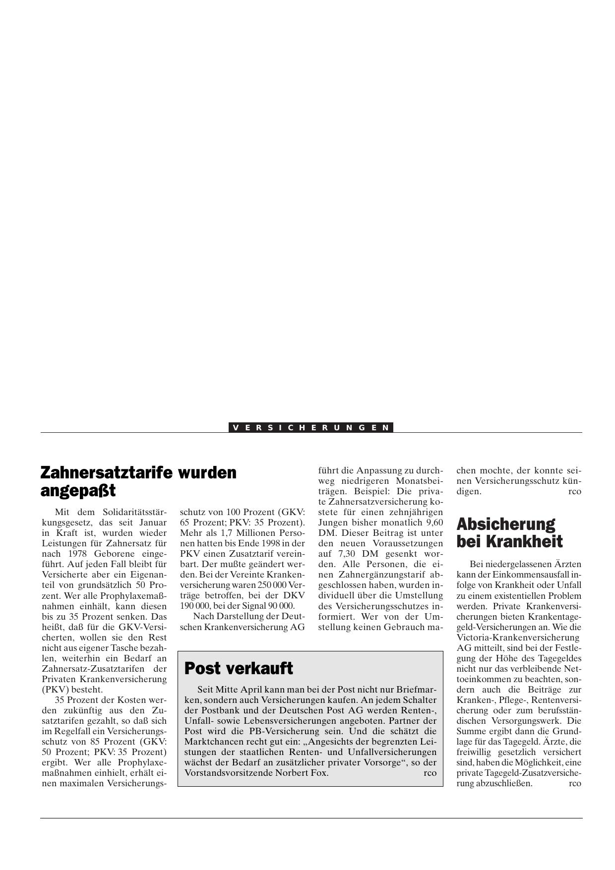Vorschauseite 1: Zahnersatztarife wurden angepaßt
