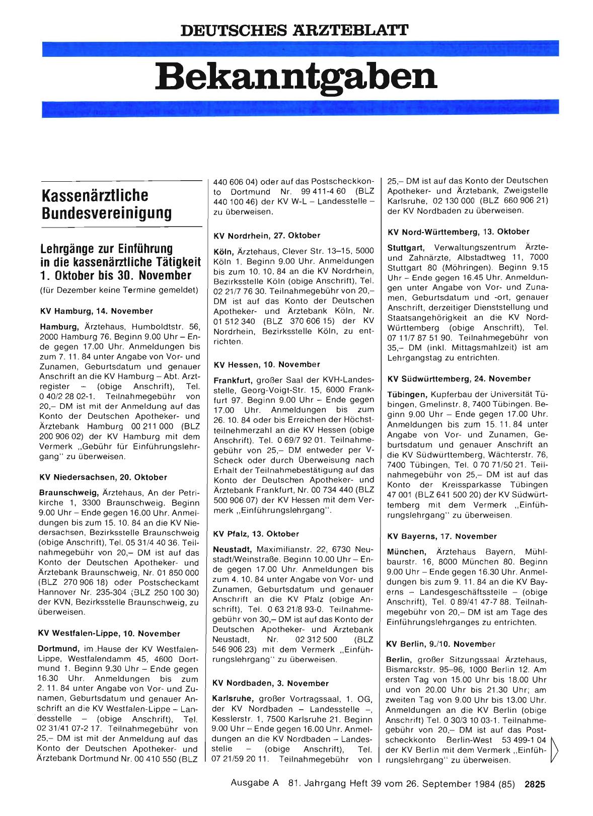 Vorschauseite 1: Lehrgänge zur Einführung in die kassenärztliche Tätigkeit 1. Oktober bis 30. November