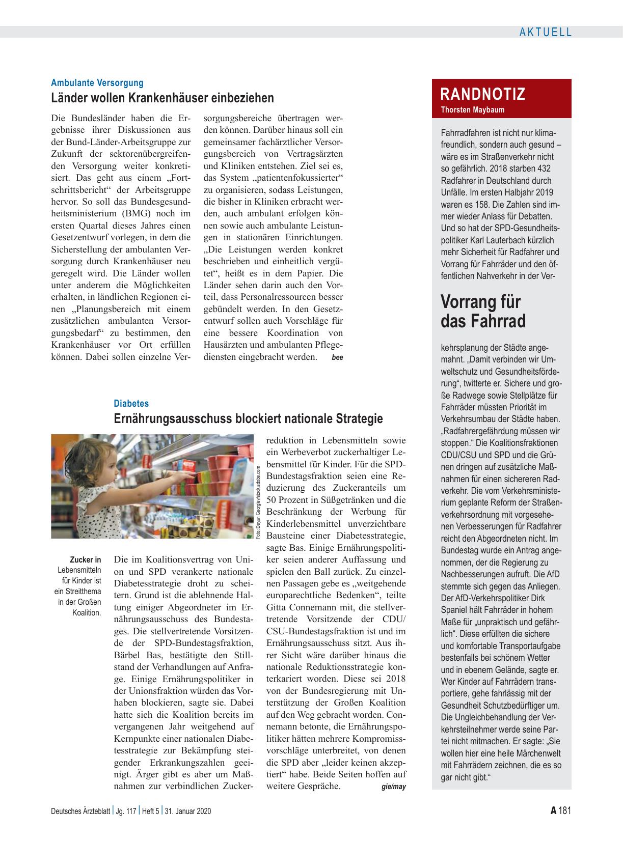 Vorschauseite 1: Diabetes: Ernährungsausschuss blockiert nationale Strategie