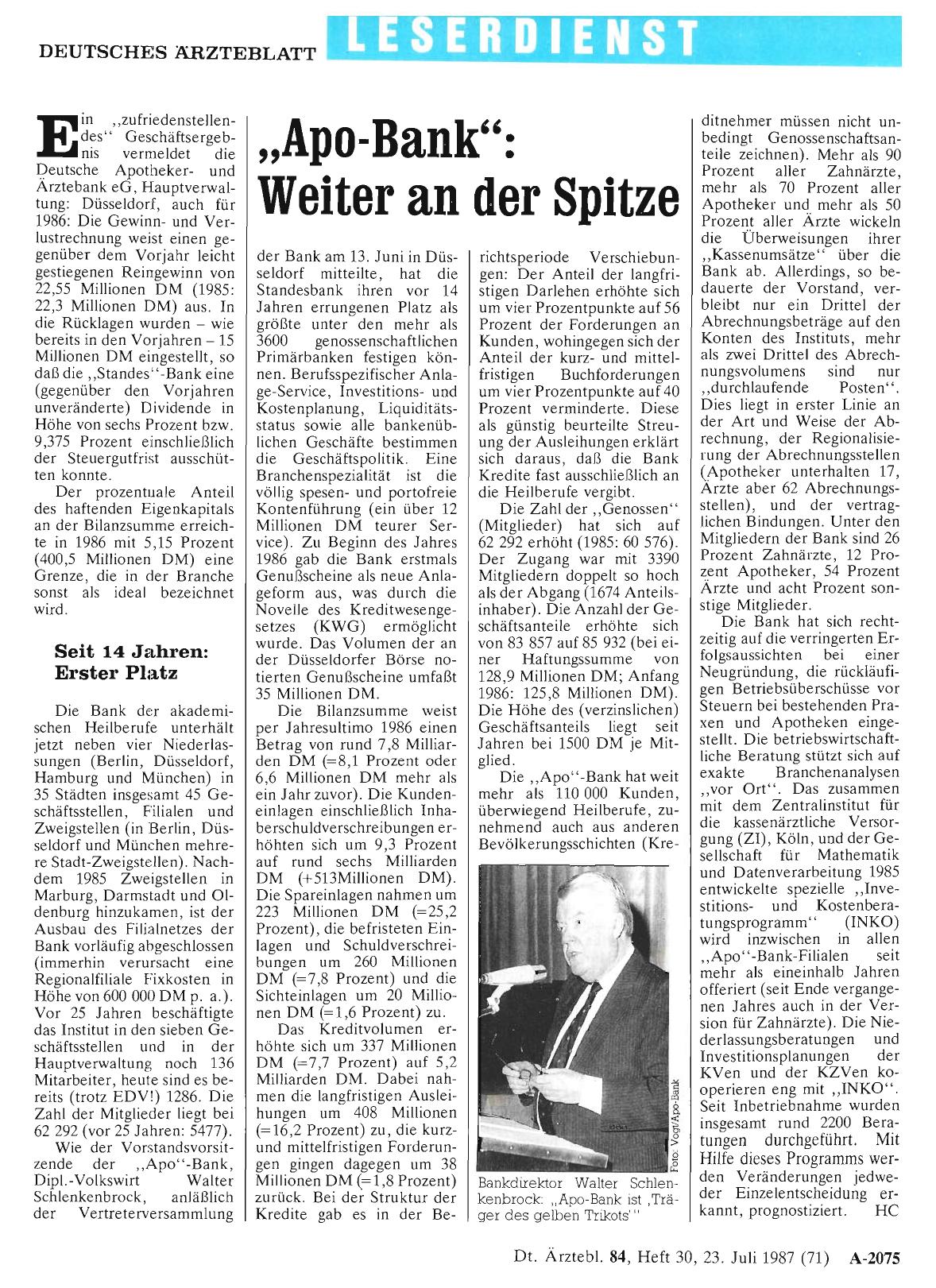 Vorschauseite 1: „Apo-Bank“: Weiter an der Spitze