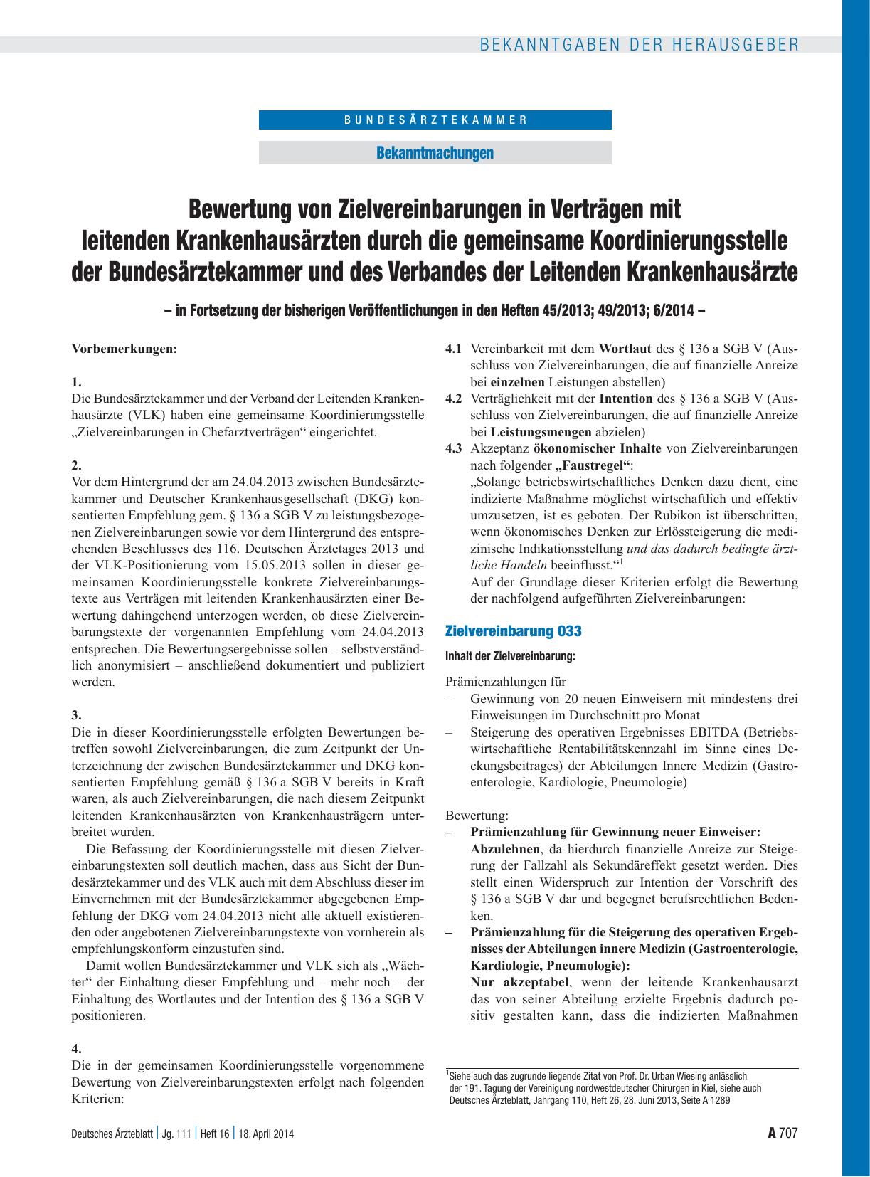 Vorschauseite 1: Bewertung von Zielvereinbarungen in Verträgen mit leitenden Krankenhausärzten durch die gemeinsame Koordinierungsstelle der Bundesärztekammer und des Verbandes der Leitenden Krank…