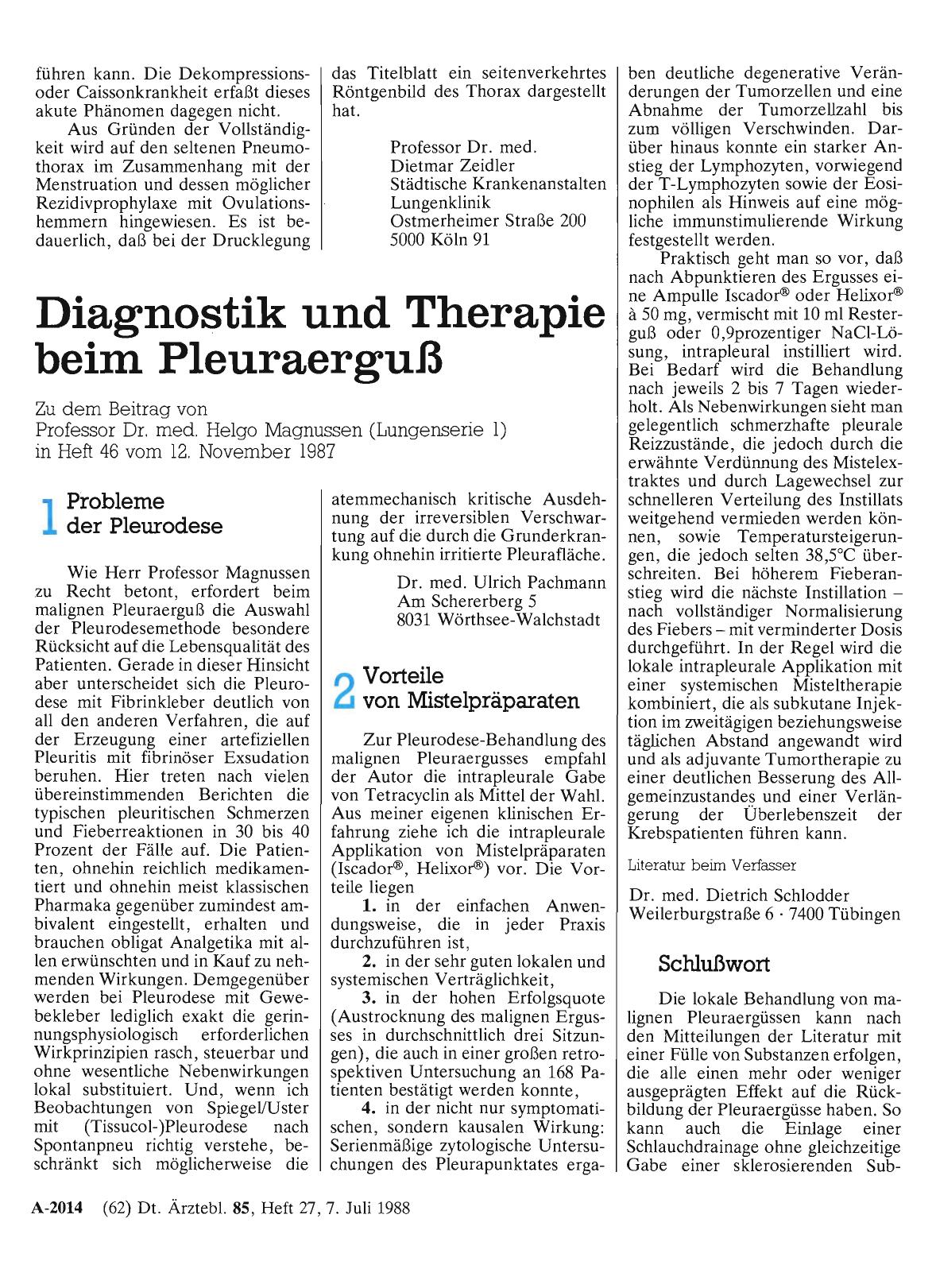 Vorschauseite 1: Diagnostik und Therapie beim Pleuraerguß: Schlußwort
