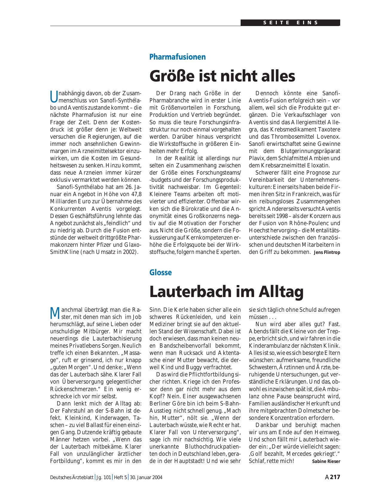 Vorschauseite 1: Pharmafusionen: Größe ist nicht alles