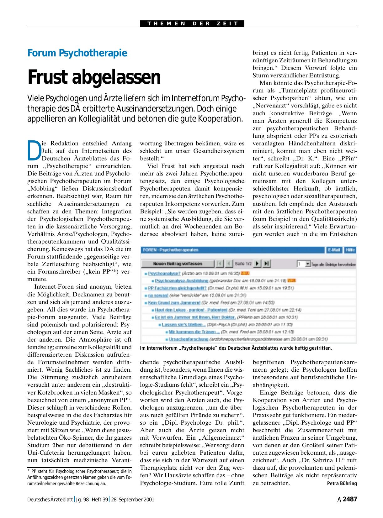 Vorschauseite 1: Forum Psychotherapie: Frust abgelassen