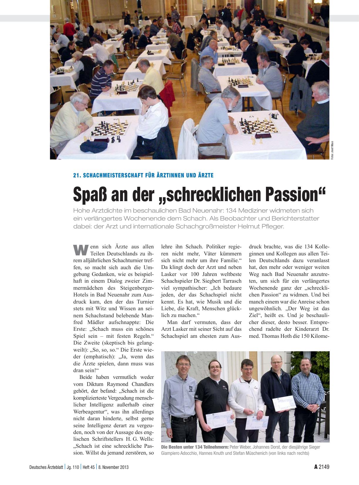 Vorschauseite 1: 21. Schachmeisterschaft für Ärztinnen und Ärzte: Spaß an der „schrecklichen Passion“