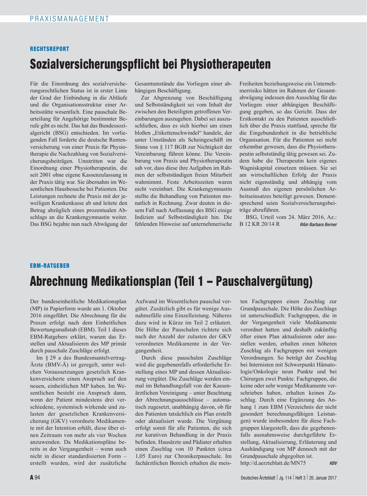 Vorschauseite 1: Rechtsreport: Sozialversicherungspflicht bei Physiotherapeuten