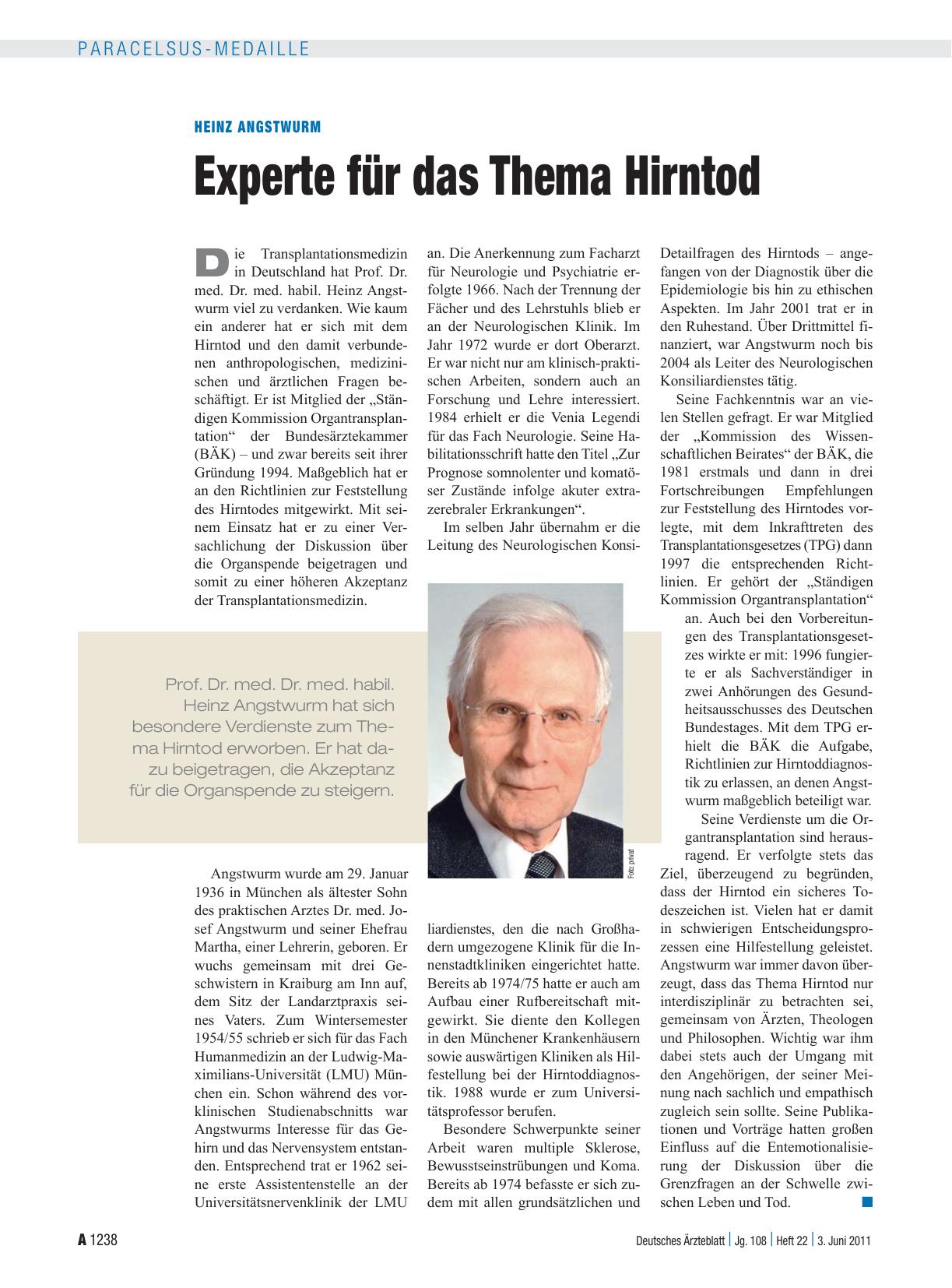 Vorschauseite 1: Heinz Angstwurm: Experte für das Thema Hirntod