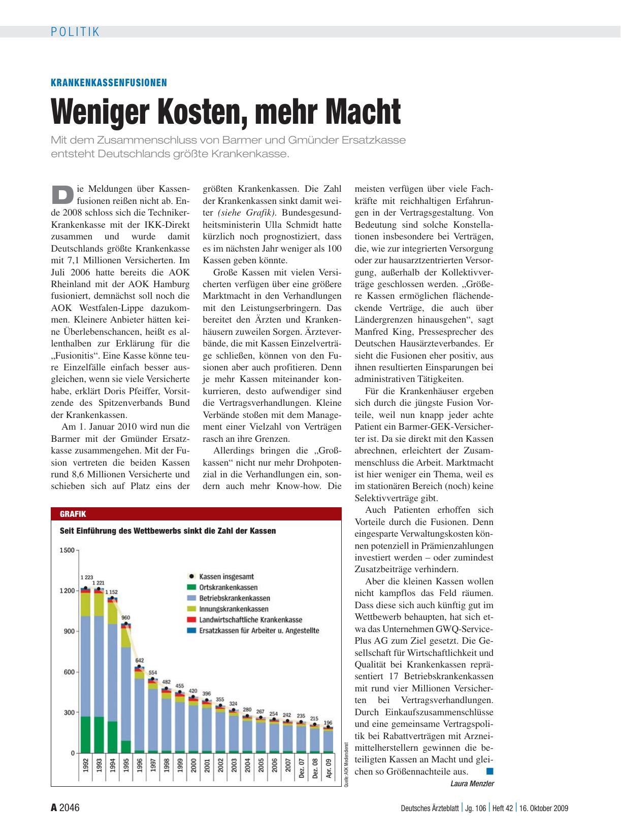 Vorschauseite 1: Krankenkassenfusionen: Weniger Kosten, mehr Macht
