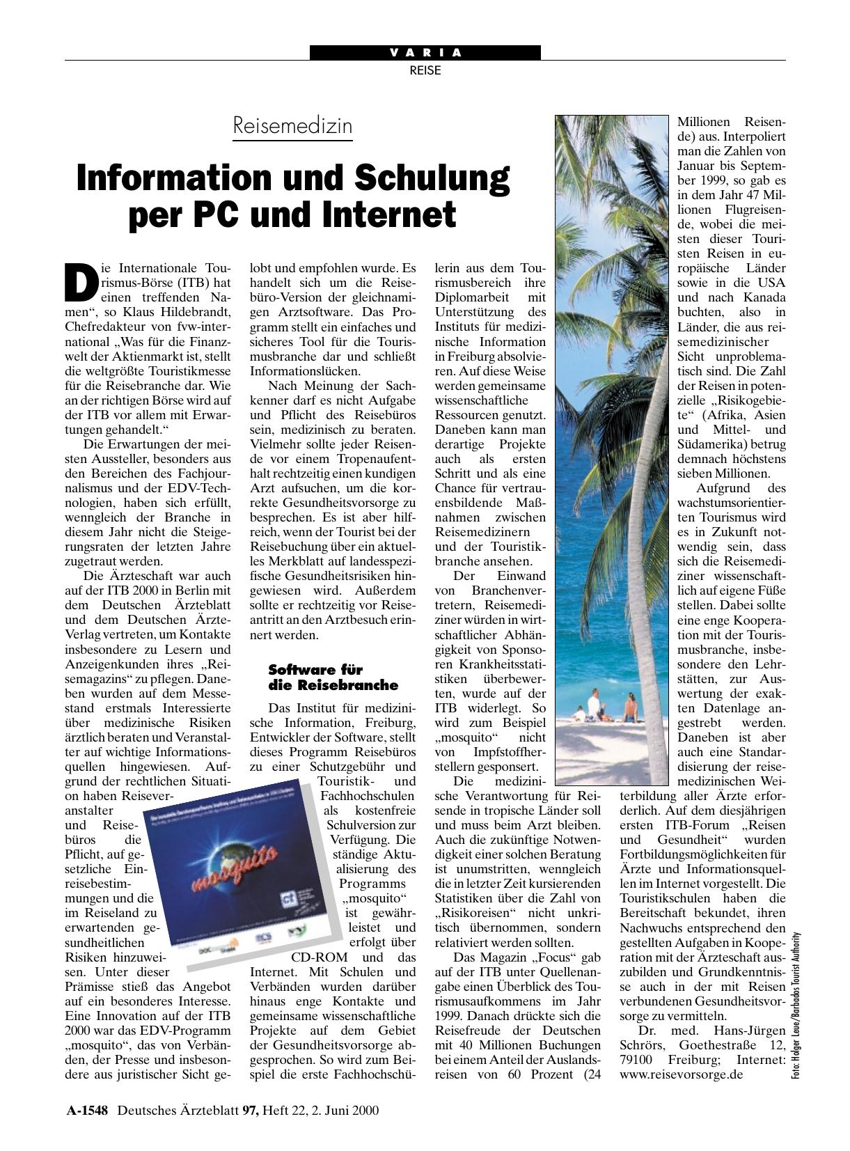 Vorschauseite 1: Reisemedizin: Information und Schulung per PC und Internet