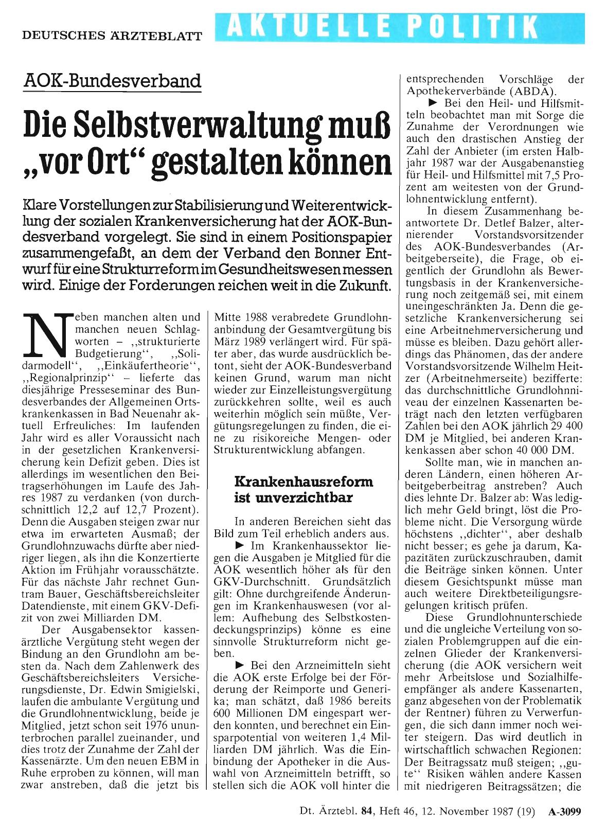 Vorschauseite 1: AOK-Bundesverband: Die Selbstverwaltung muß „vor Ort“ gestalten können