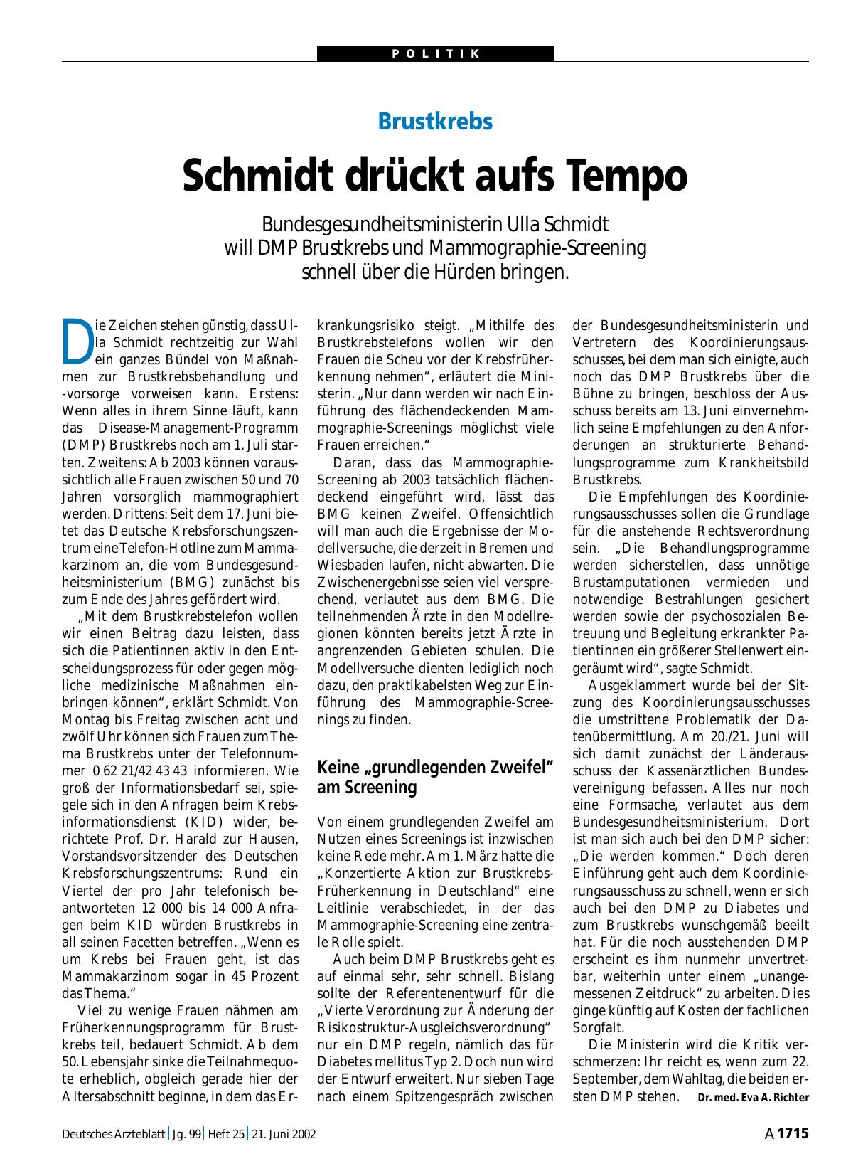 Vorschauseite 1: Brustkrebs: Schmidt drückt aufs Tempo