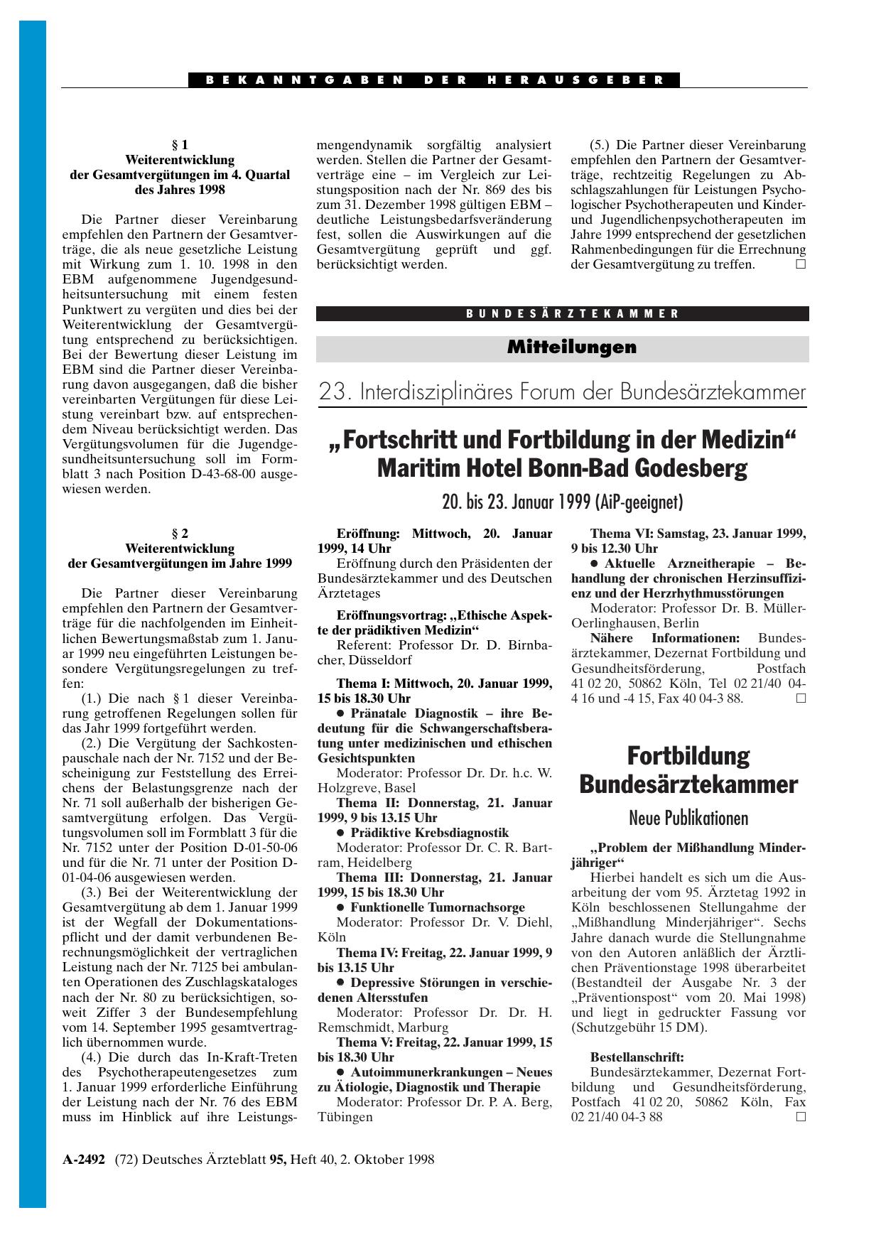 Vorschauseite 1: 23. Interdisziplinäres Forum der Bundesärztekammer: „Fortschritt und Fortbildung in der Medizin“ Maritim Hotel Bonn-Bad Godesberg