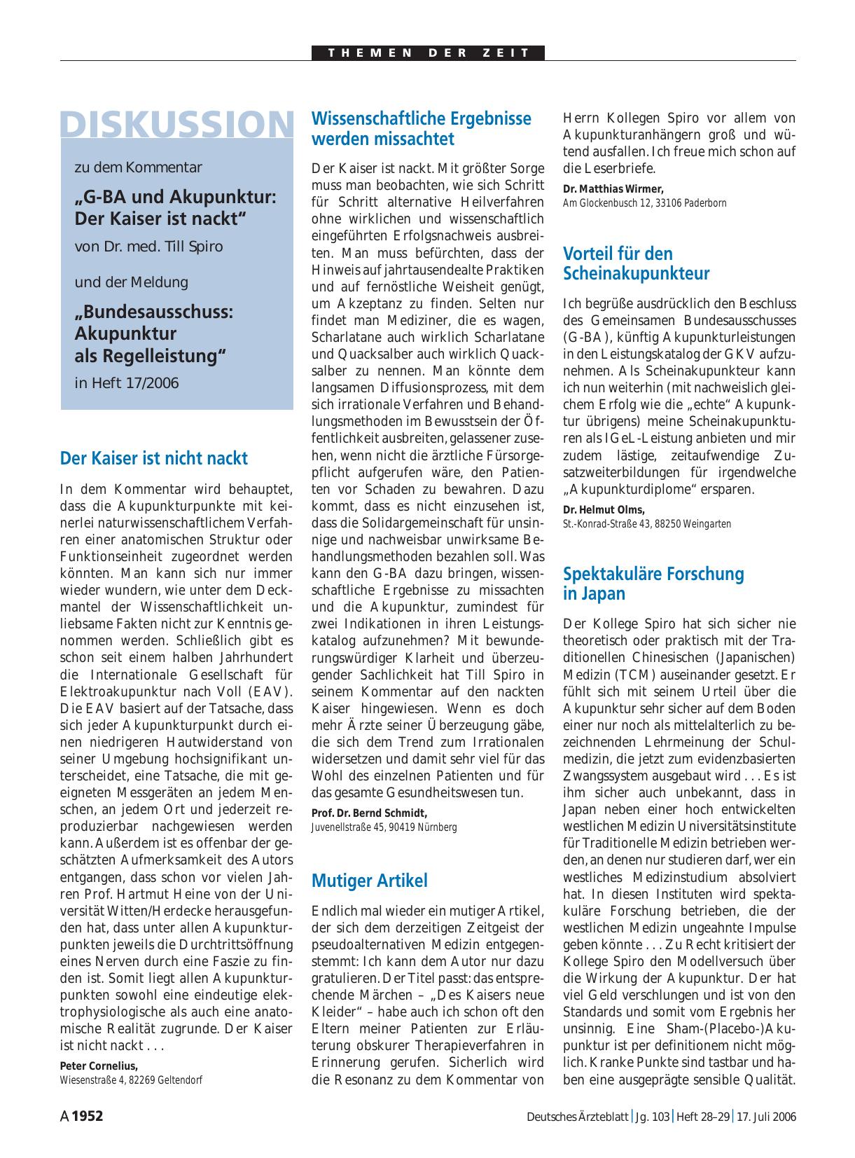 Vorschauseite 1: „G-BA und Akupunktur: Der Kaiser ist nackt“ / „Bundesausschuss: Akupunktur als Regelleistung“: Wissenschaftliche Ergebnisse werden missachtet