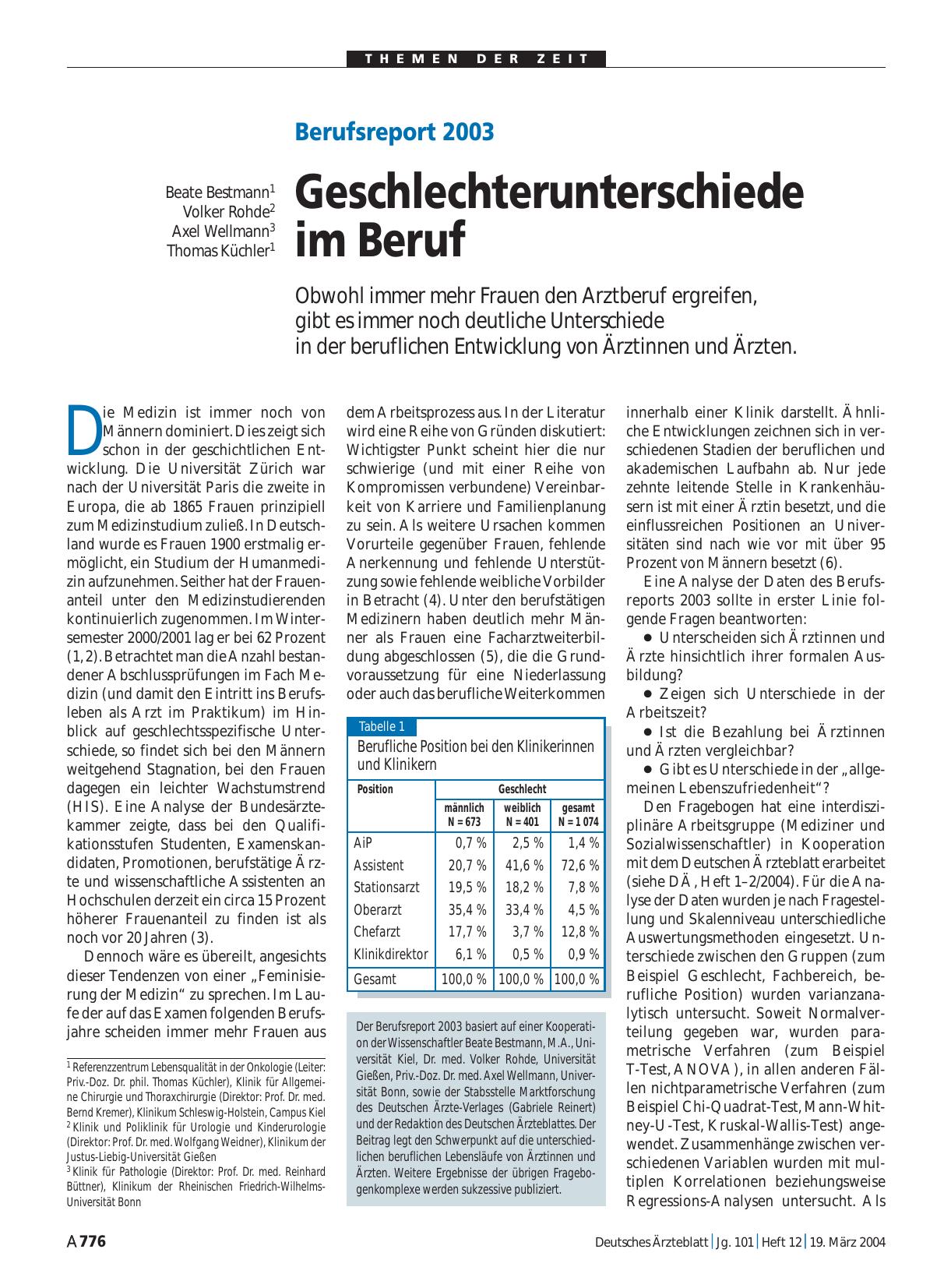 Vorschauseite 1: Berufsreport 2003: Geschlechterunterschiede im Beruf