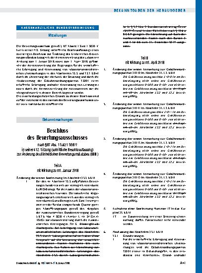 Vorschauseite 1: Beschluss des Bewertungsausschusses nach § 87 Abs. 1 Satz 1 SGB V in seiner 412. Sitzung (schriftliche Beschlussfassung) zur Änderung des Einheitlichen Bewertungsmaßstabes (EBM)