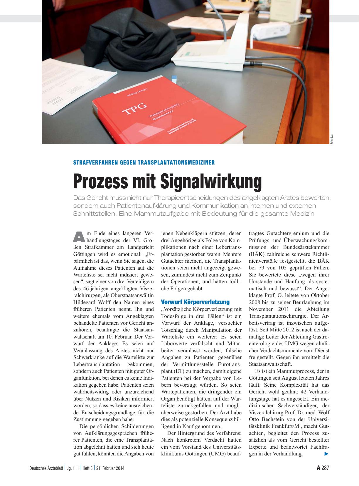 Vorschauseite 1: Strafverfahren gegen Transplantationsmediziner: Prozess mit Signalwirkung