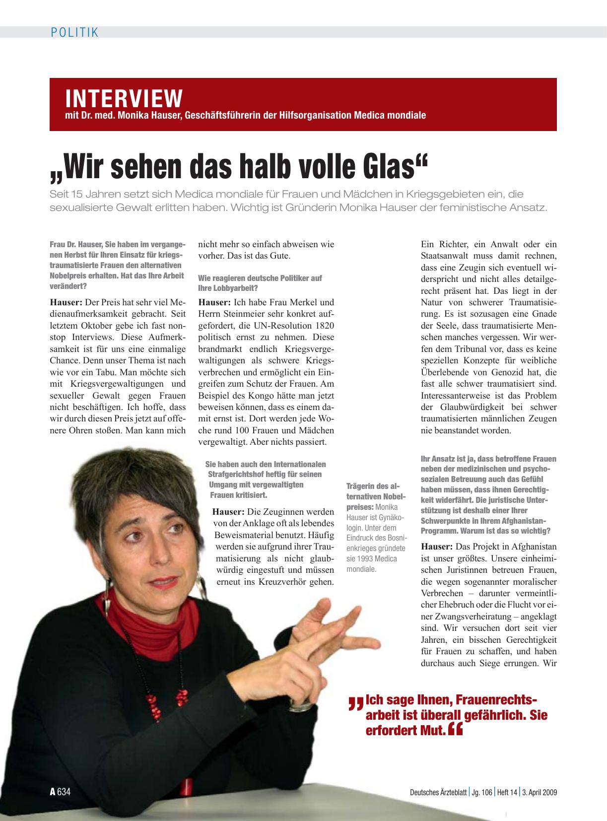 Vorschauseite 1: Interview mit Dr. med. Monika Hauser, Geschäftsführerin der Hilfsorganisation Medica mondiale: „Wir sehen das halb volle Glas“