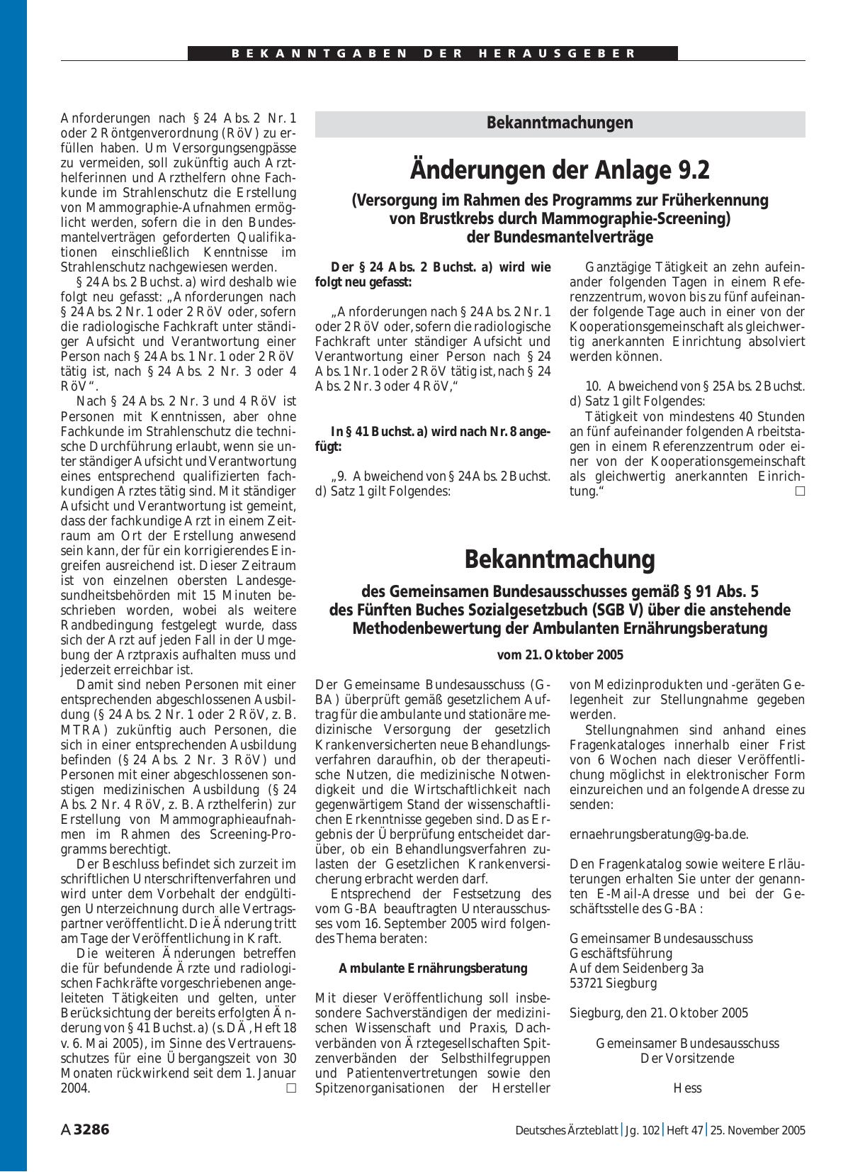 Vorschauseite 1: Bekanntmachungen: Änderungen der Anlage 9. 2 (Versorgung im Rahmen des Programms zur Früherkennung von Brustkrebs durch Mammographie-Screening) der Bundesmantelverträge