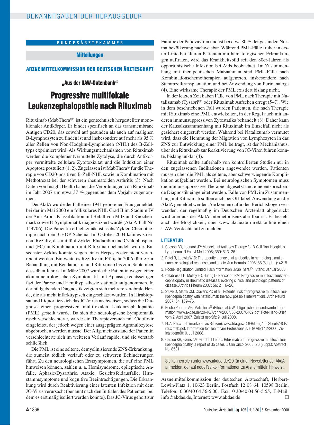 Vorschauseite 1: Mitteilungen - Arzneimittelkommission der deutschen Ärzteschaft: „Aus der UAW-Datenbank“ Progressive multifokale Leukenzephalopathie nach Rituximab