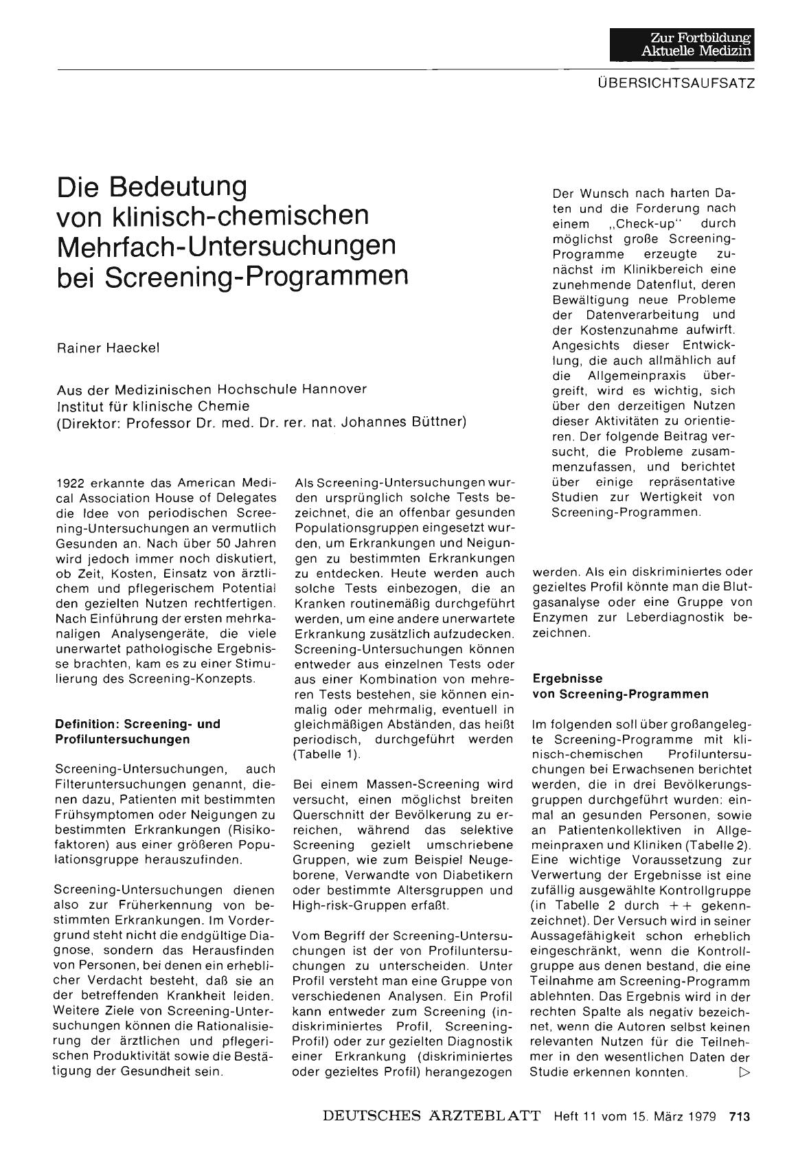 Vorschauseite 1: Die Bedeutung von klinisch-chemischen Mehrfach-Untersuchungen bei Screening-Programmen