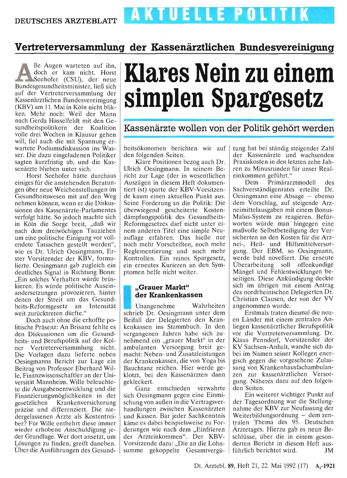 Vorschauseite 1: Vertreterversammlung der Kassenärztlichen Bundesvereinigung: Klares Nein zu einem simplen Spargesetz