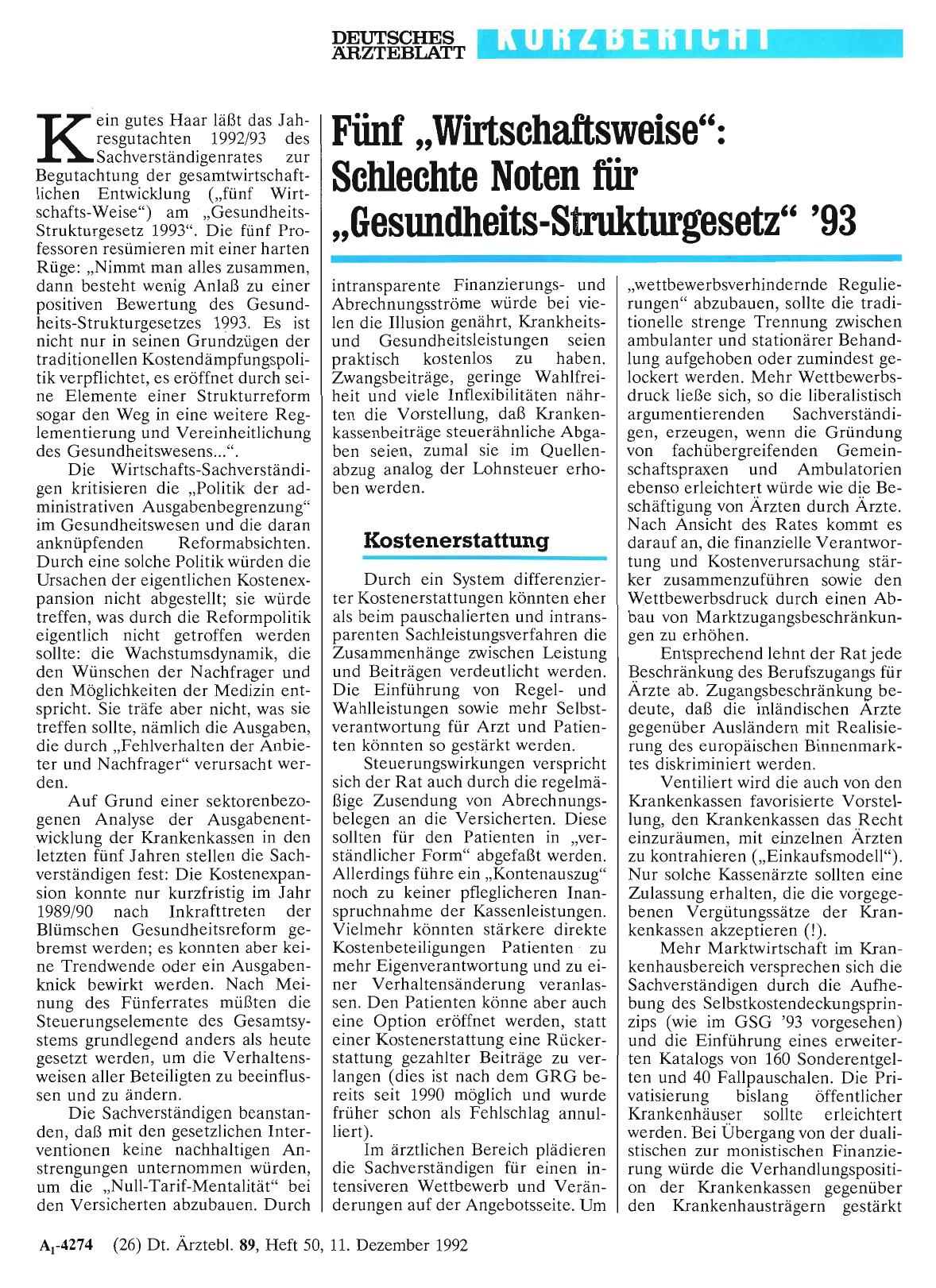 Vorschauseite 1: Fünf „Wirtschaftsweise“: Schlechte Noten für „Gesundheits-Strukturgesetz“ '93