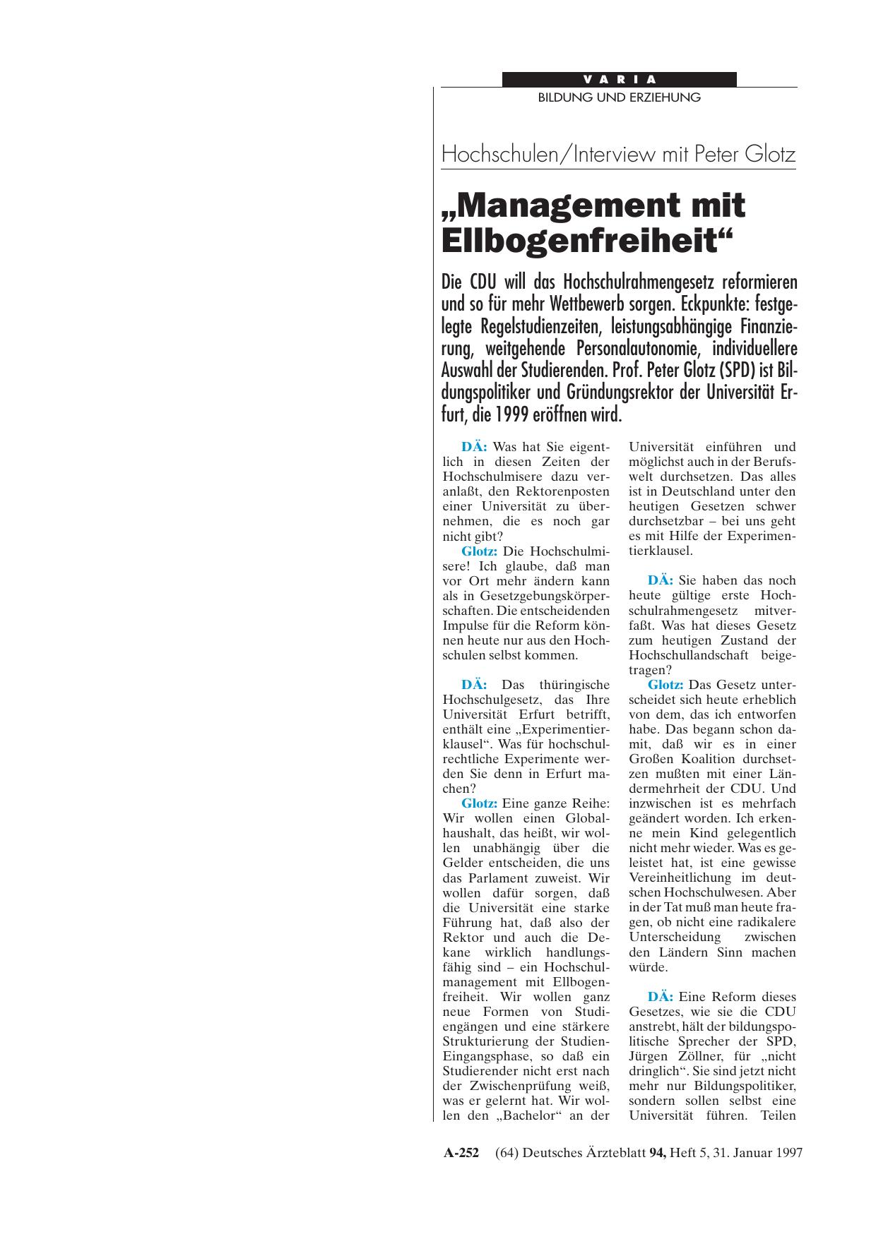 Vorschauseite 1: Hochschulen/Interview mit Peter Glotz: „Management mit Ellbogenfreiheit“