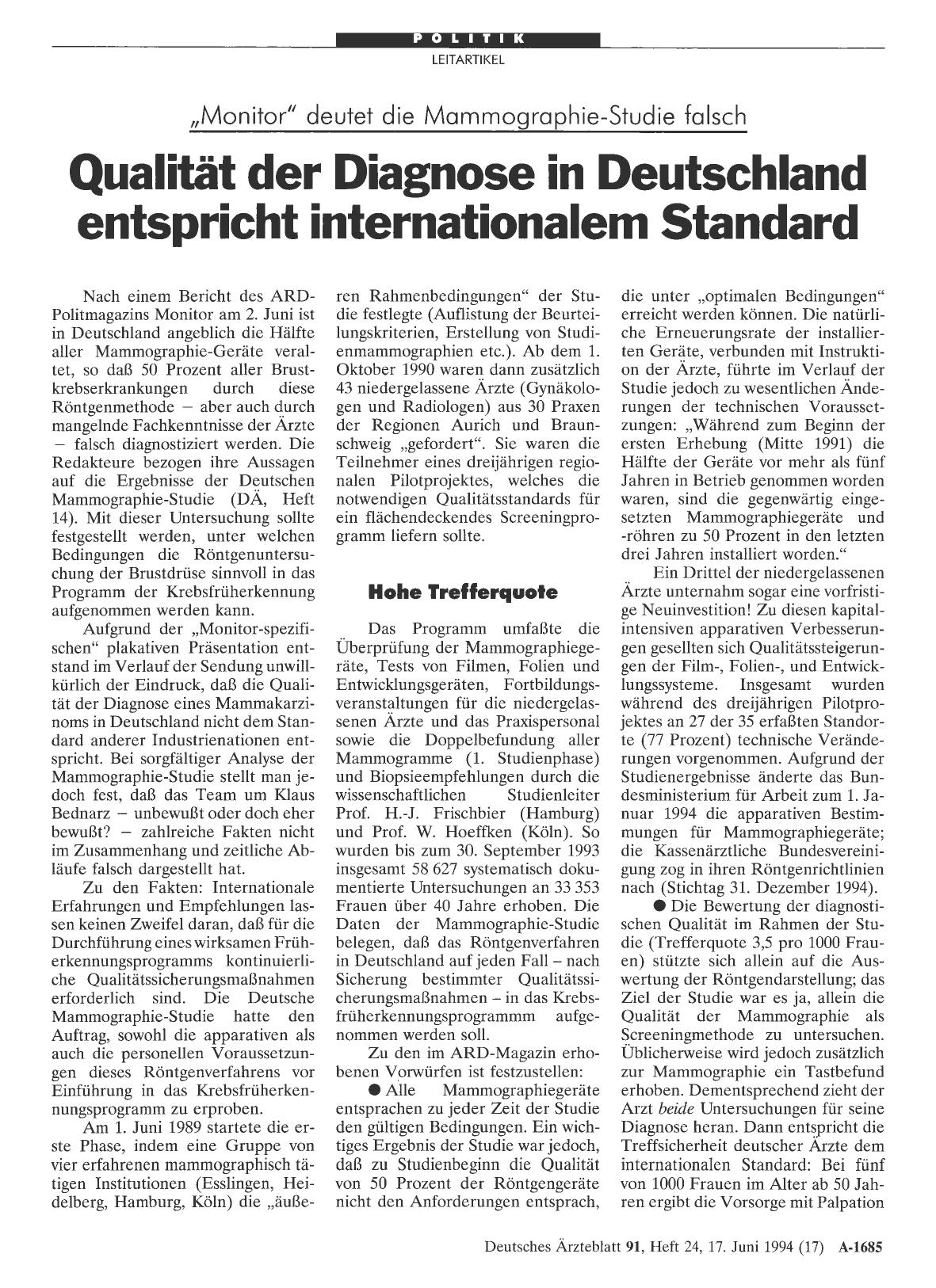 Vorschauseite 1: „Monitor“ deutet die Mammographie-Studie falsch: Qualität der Diagnose in Deutschland entspricht internationalem Standard