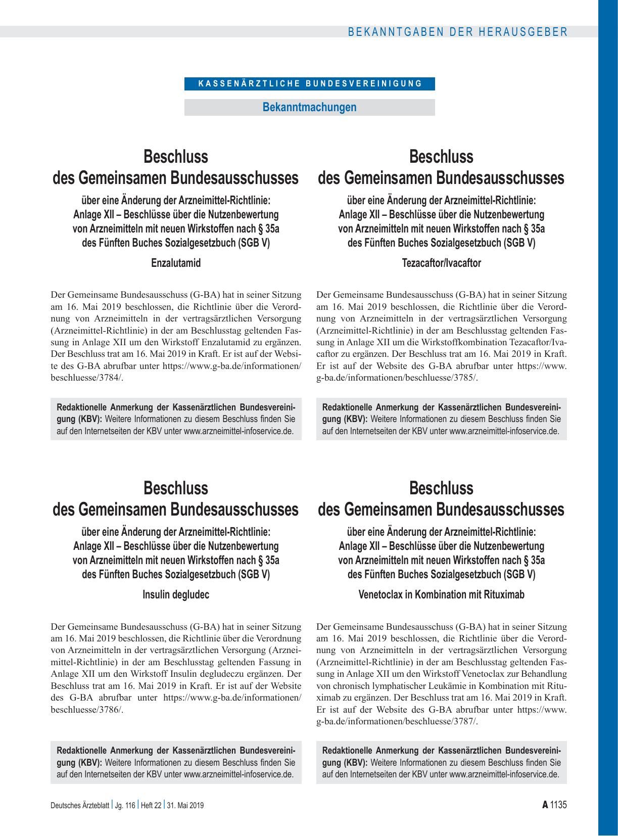 Vorschauseite 1: Beschluss des Gemeinsamen Bundesausschusses über eine Änderung der Arzneimittel-Richtlinie: Anlage XII – Insulin degludec