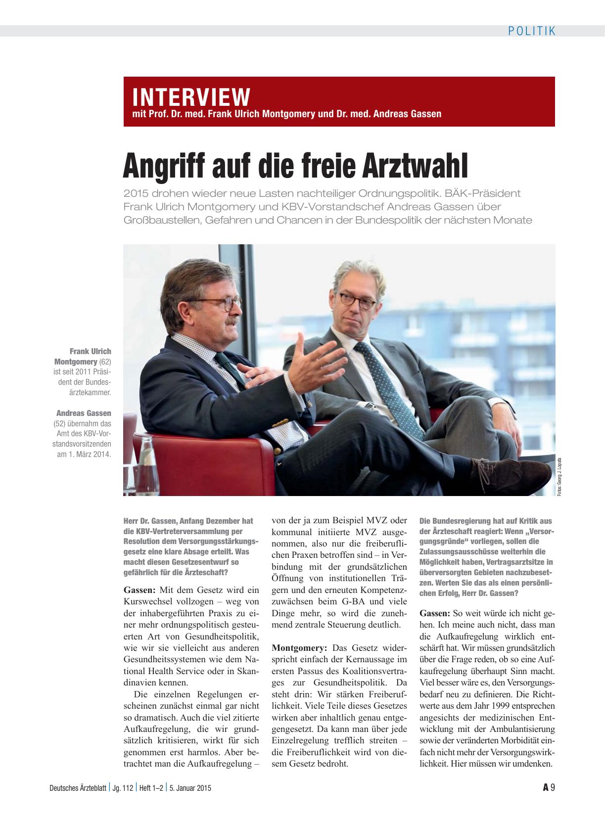 Vorschauseite 1: Interview mit Prof. Dr. med. Frank Ulrich Montgomery und Dr. med. Andreas Gassen: Angriff auf die freie Arztwahl