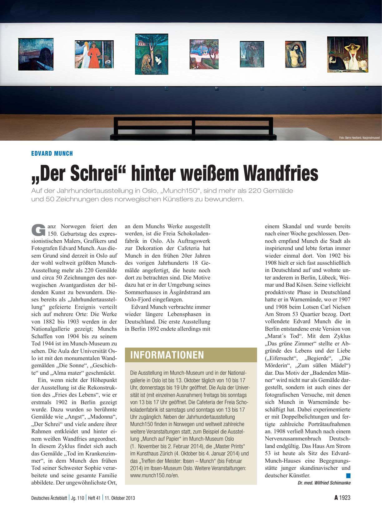 Vorschauseite 1: Edvard Munch: „Der Schrei“ hinter weißem Wandfries