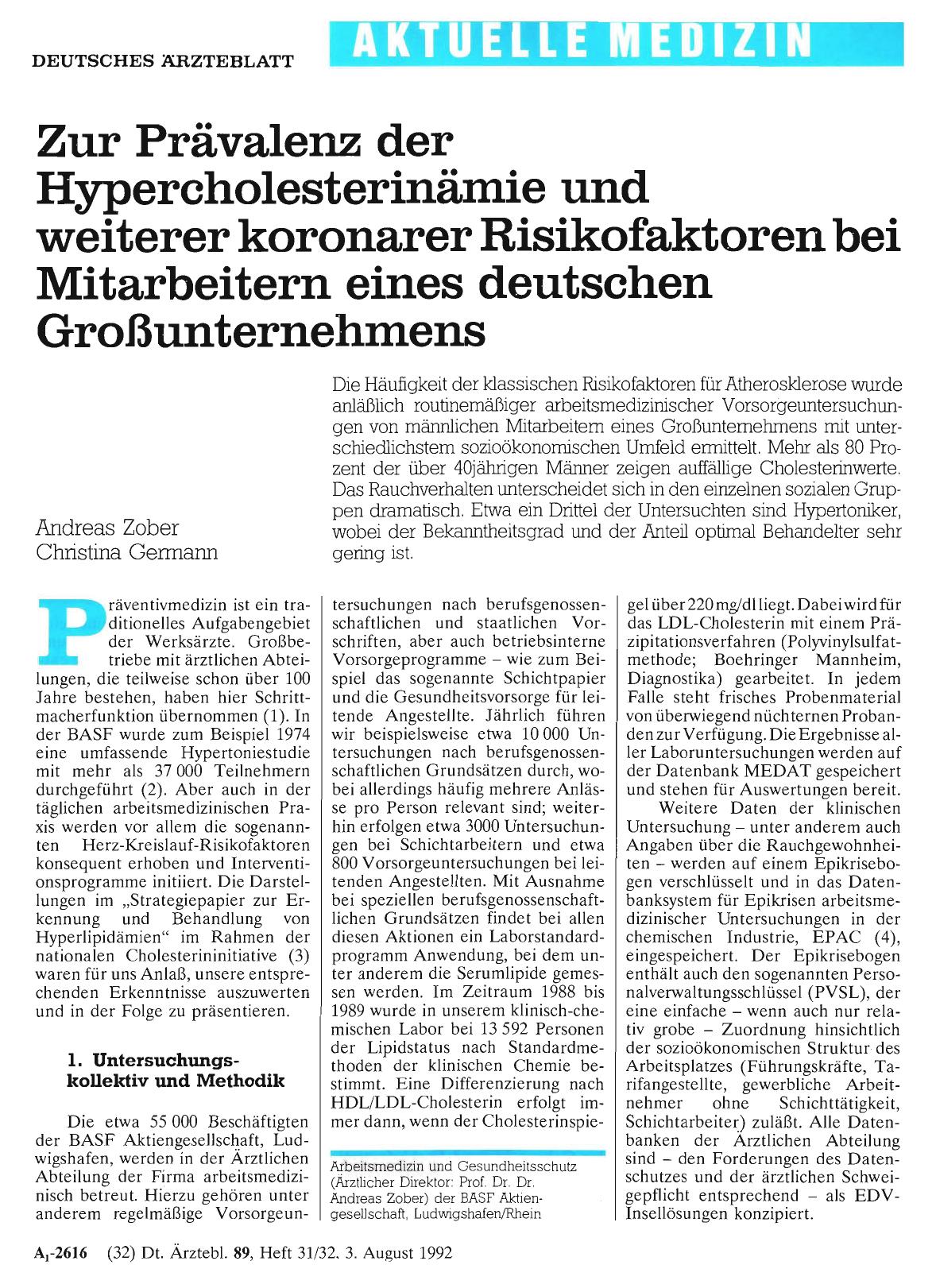 Vorschauseite 1: Zur Prävalenz der Hypercholesterinämie und weiterer koronarer Risikofaktoren bei Mitarbeitern eines deutschen Großunternehmens