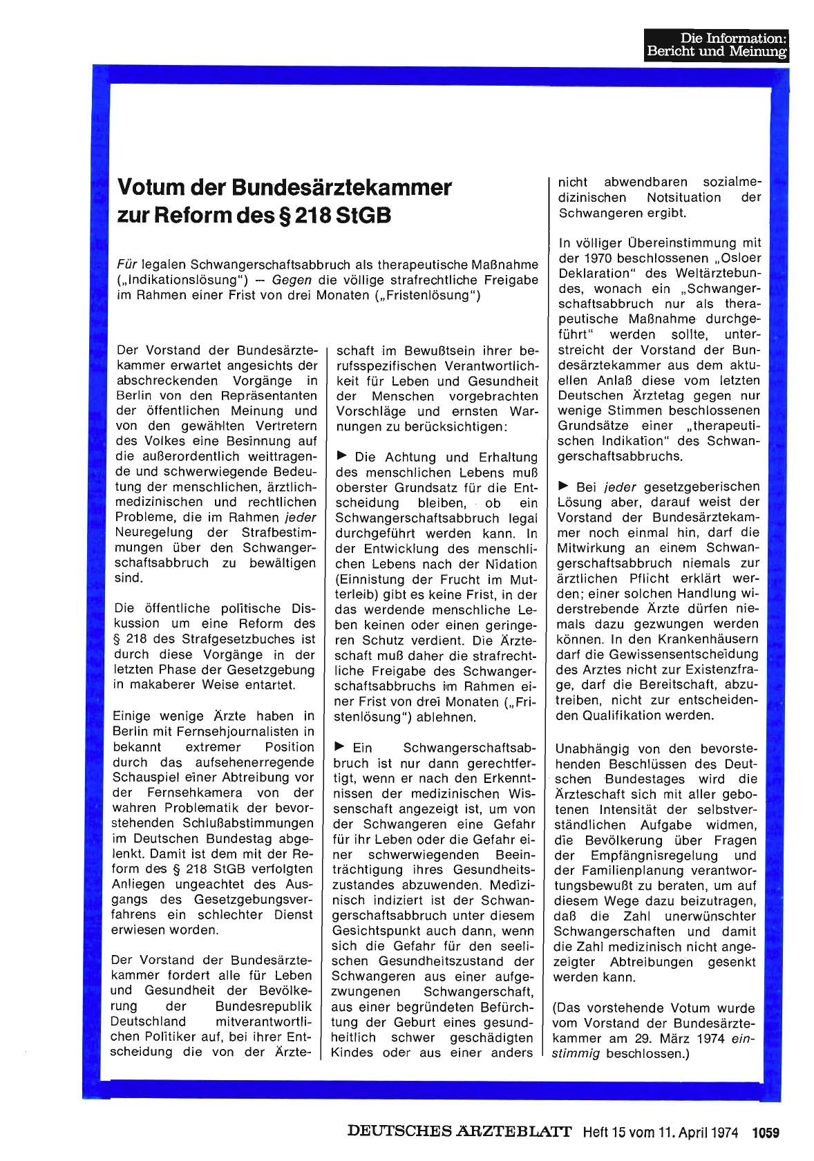 Vorschauseite 1: Votum der Bundesärztekammer zur Reform des § 218 StGB