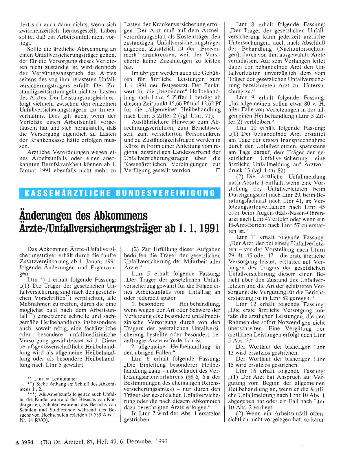 Vorschauseite 1: Änderungen des Abkommens Ärzte-/Unfallversicherungsträger ab 1. 1. 1991