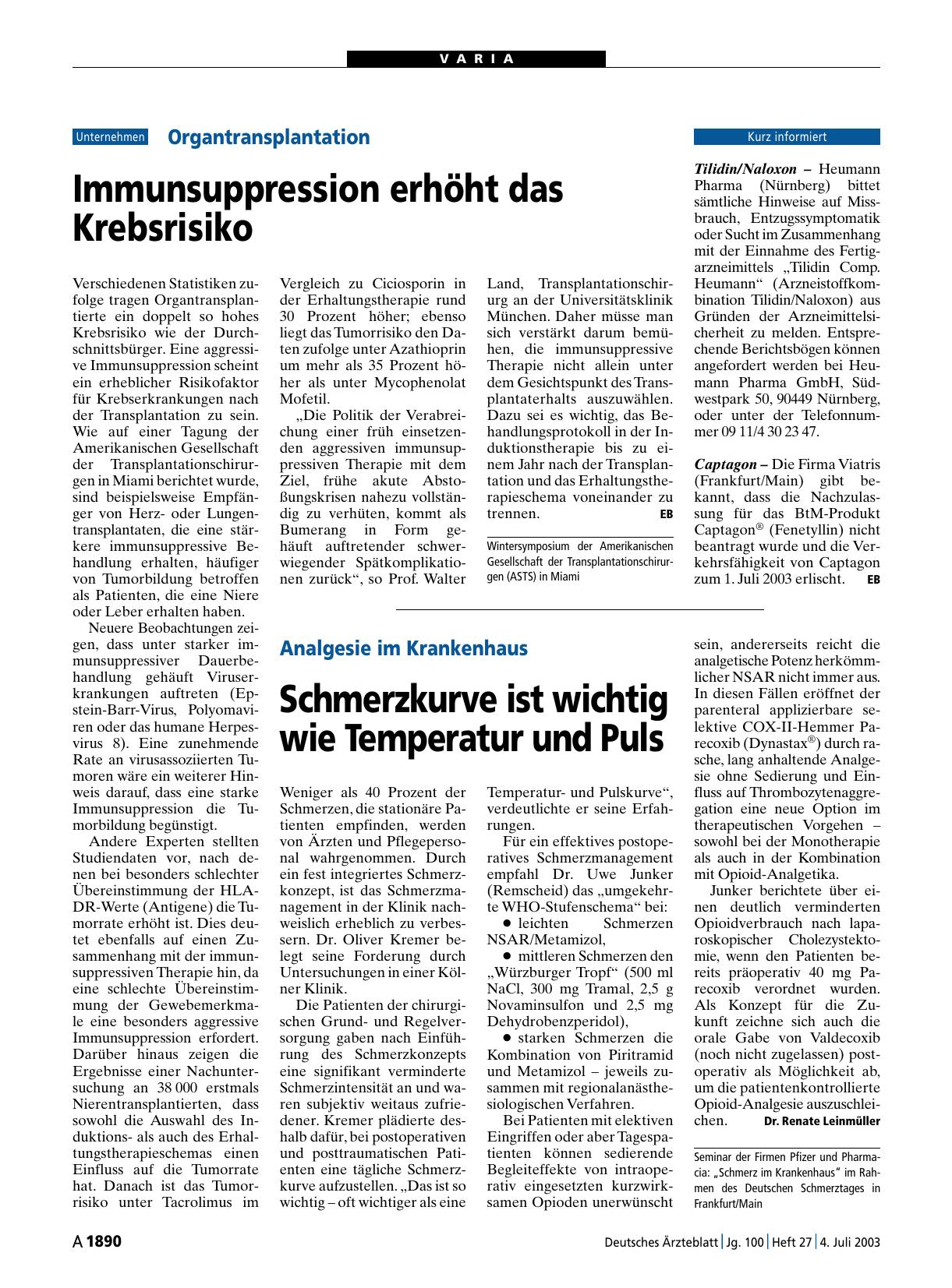 Vorschauseite 1: Organtransplantation: Immunsuppression erhöht das Krebsrisiko