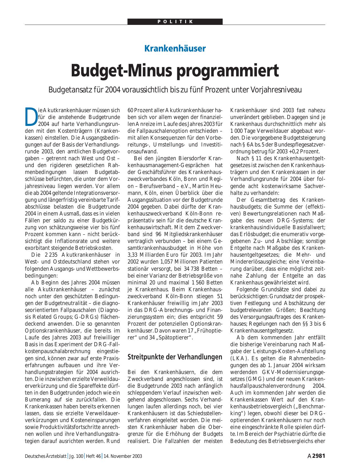 Vorschauseite 1: Krankenhäuser: Budget-Minus programmiert
