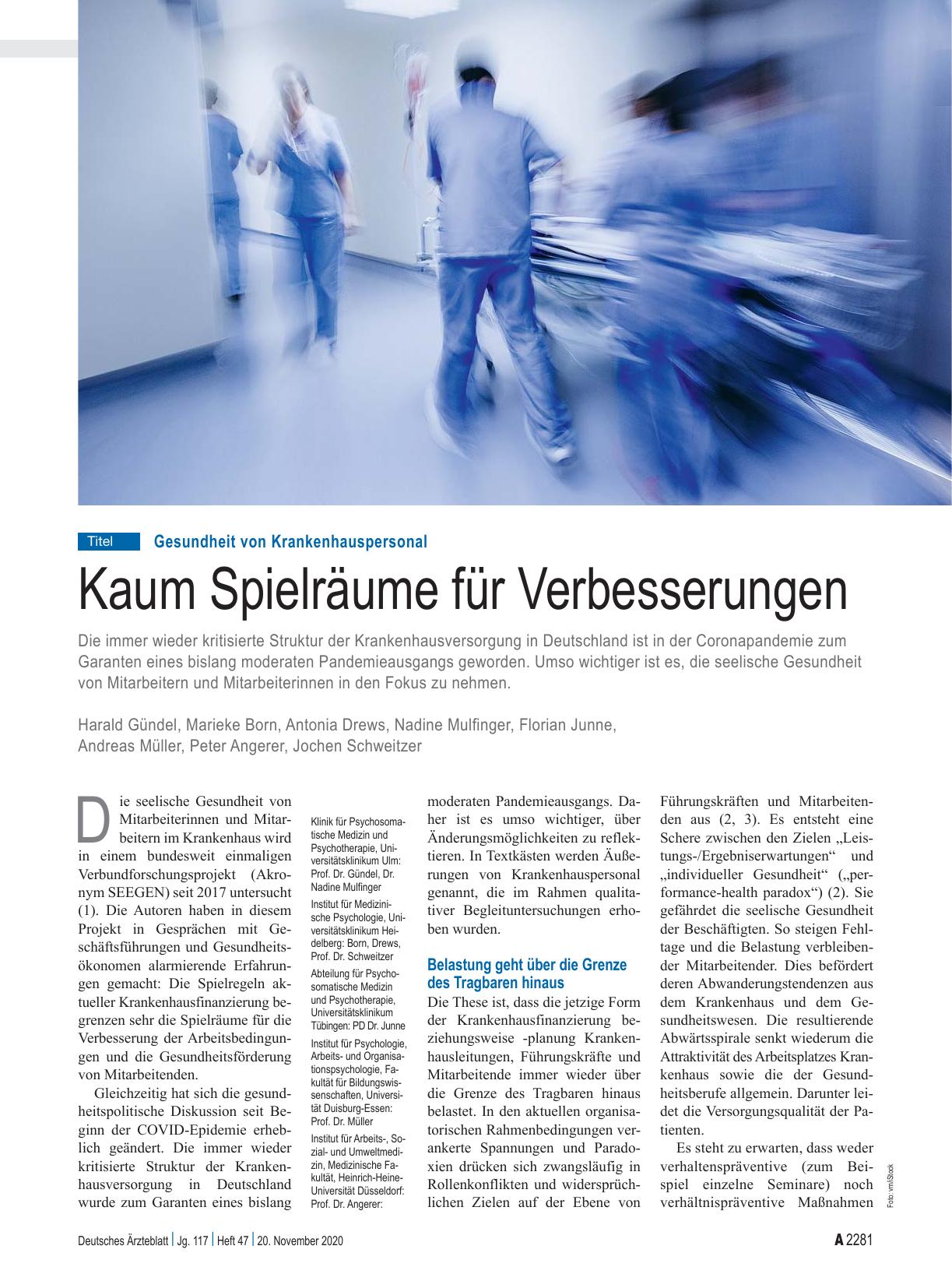 Vorschauseite 1: Gesundheit von Krankenhauspersonal: Kaum Spielräume für Verbesserungen