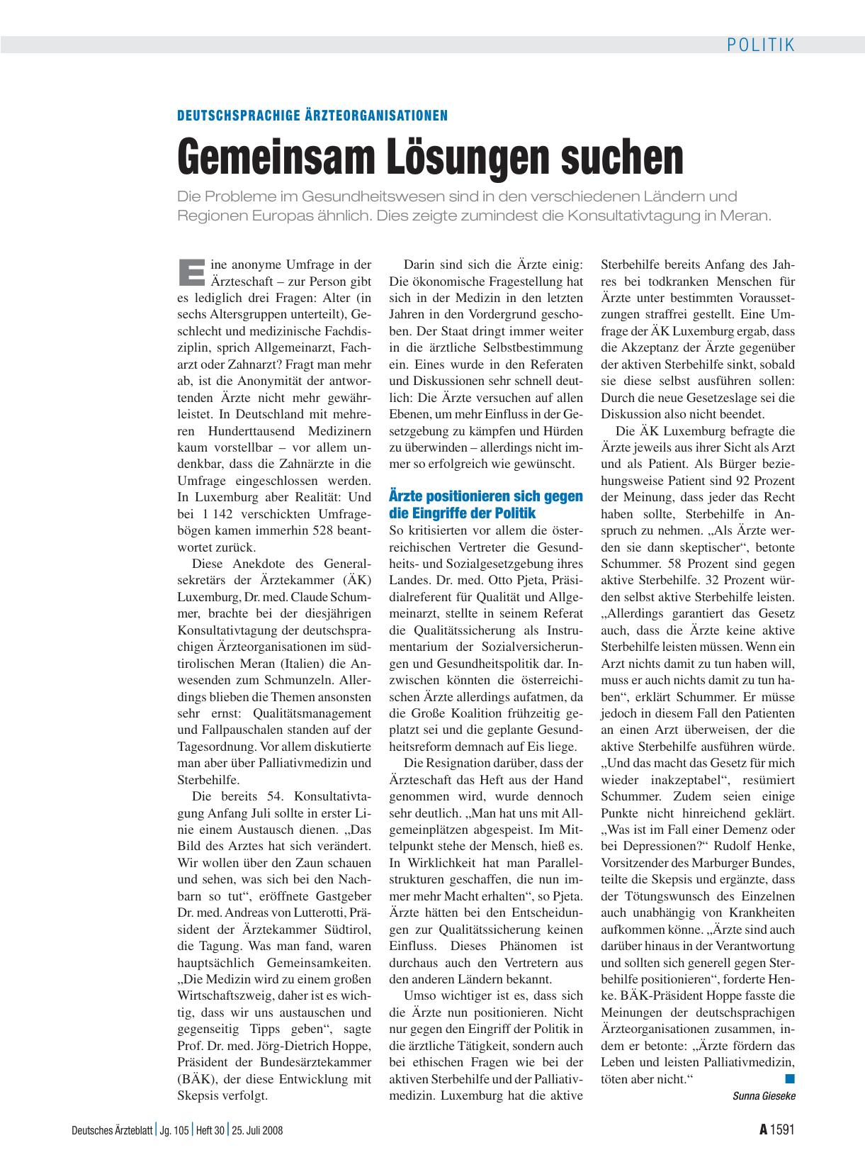 Vorschauseite 1: Deutschsprachige Ärzteorganisationen: Gemeinsam Lösungen suchen